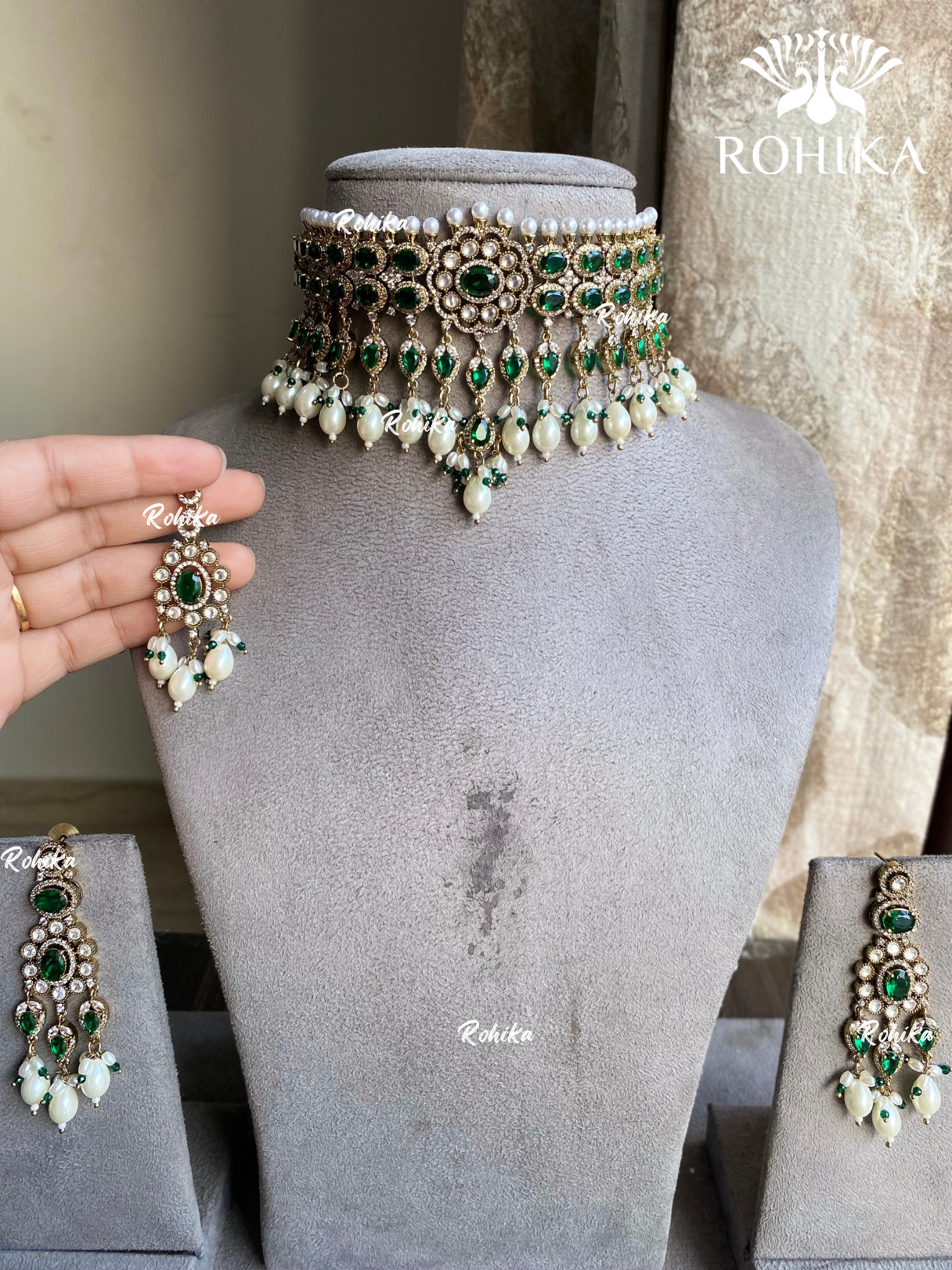 Surya kundan choker set - Dark Green