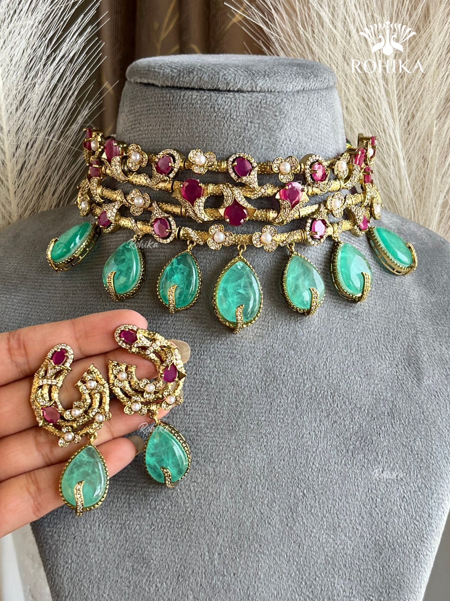 Floral choker set -  Ruby red & mint green