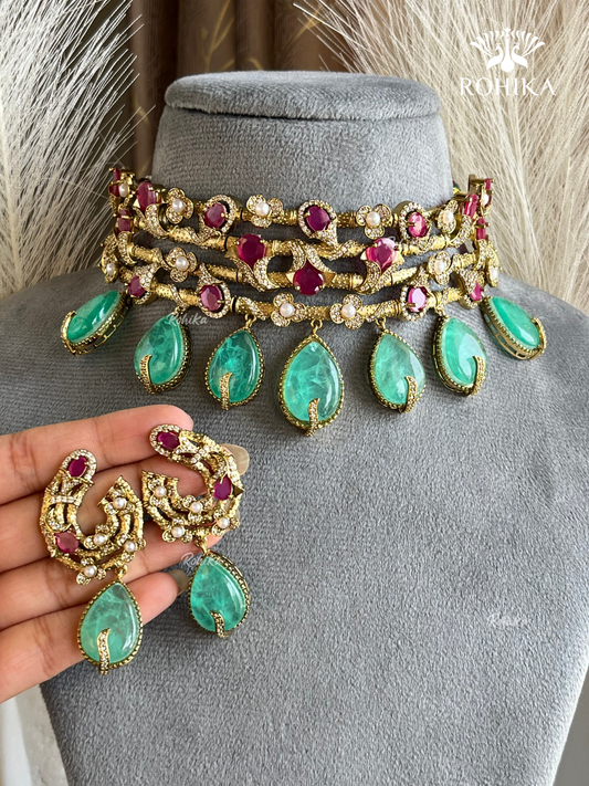Floral choker set -  Ruby red & mint green