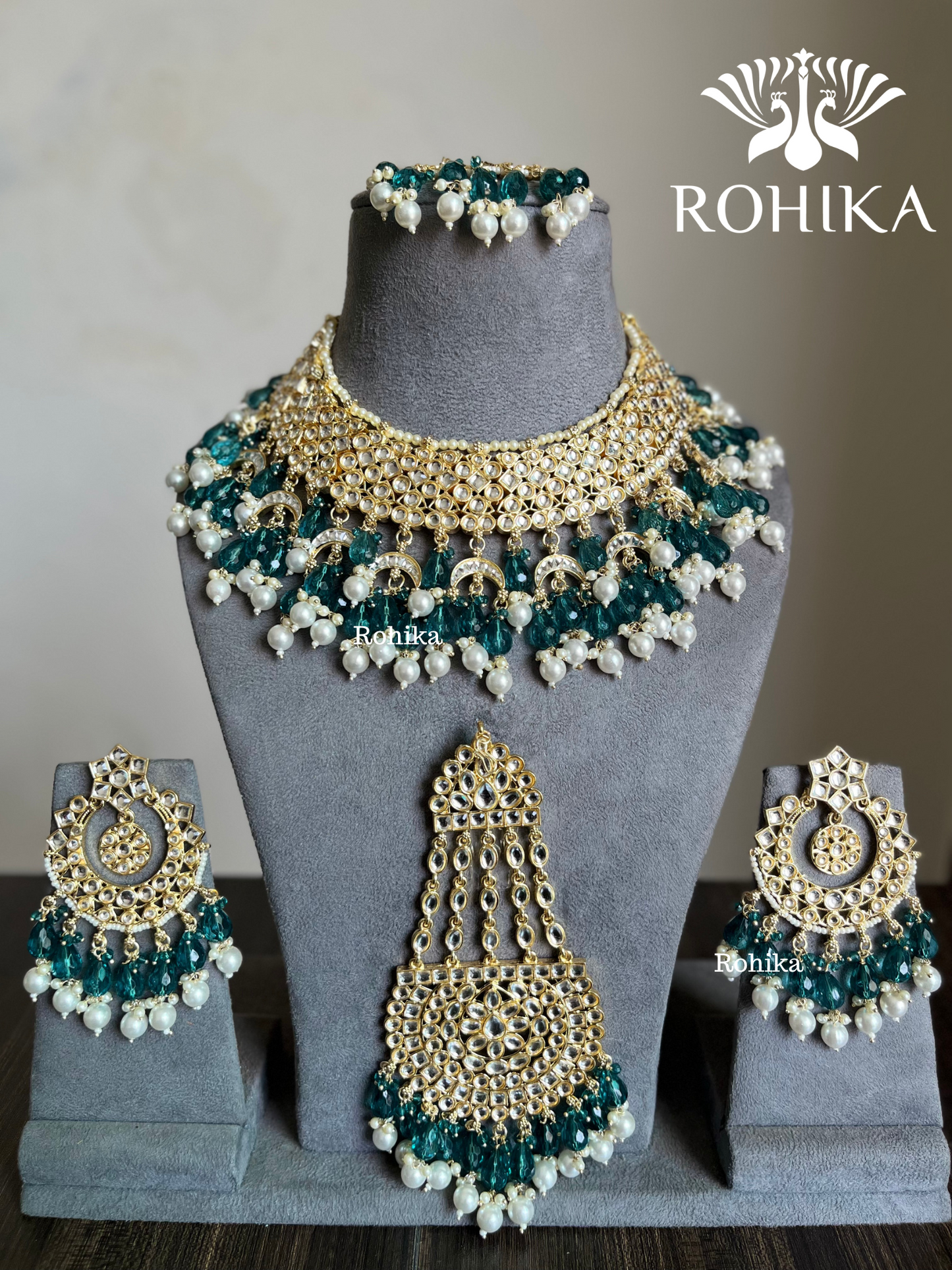 Shaheen Dabi Kundan bridal necklace set - Rama Green