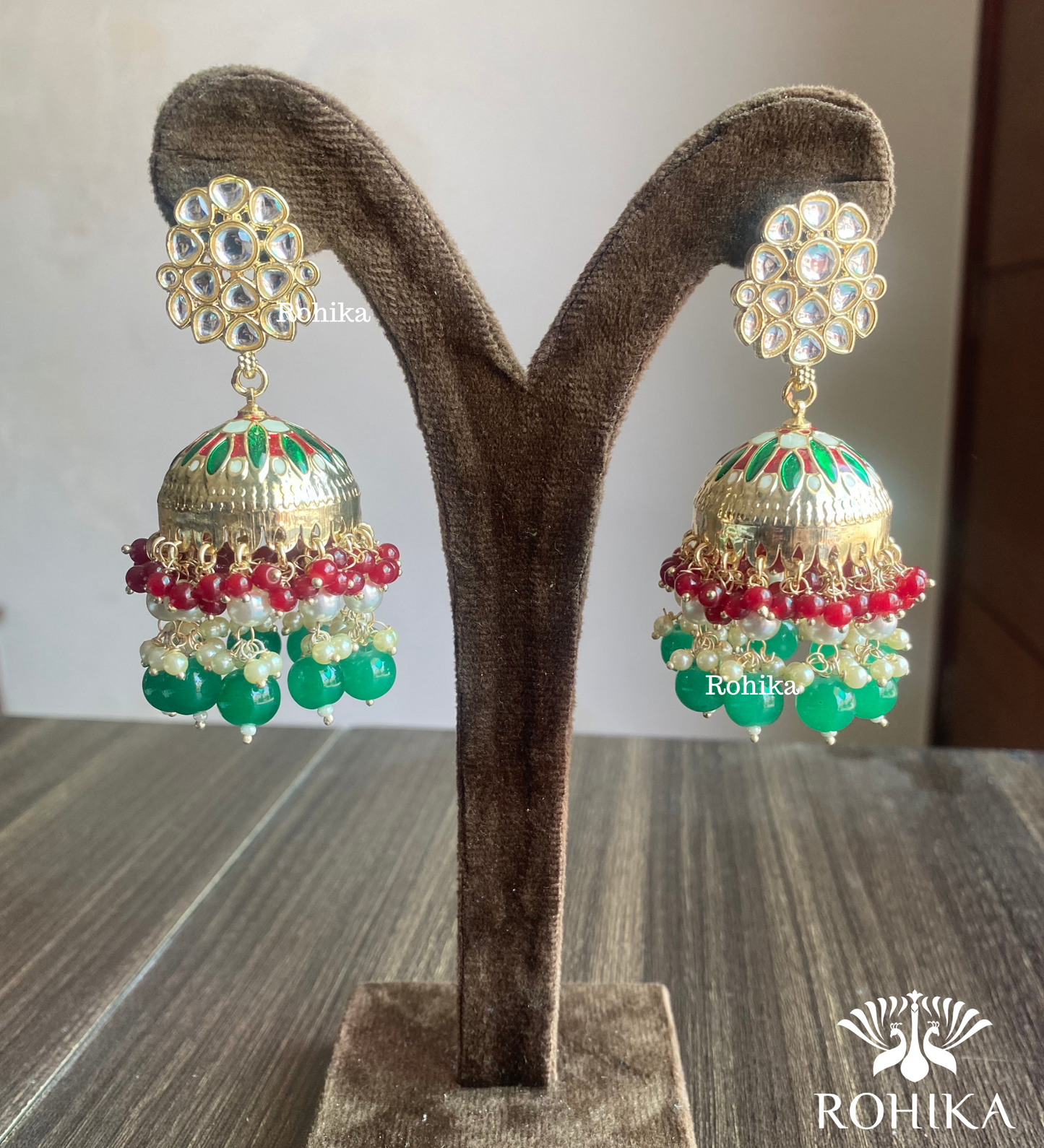 Rashmika jhumka earrings - Red and Green