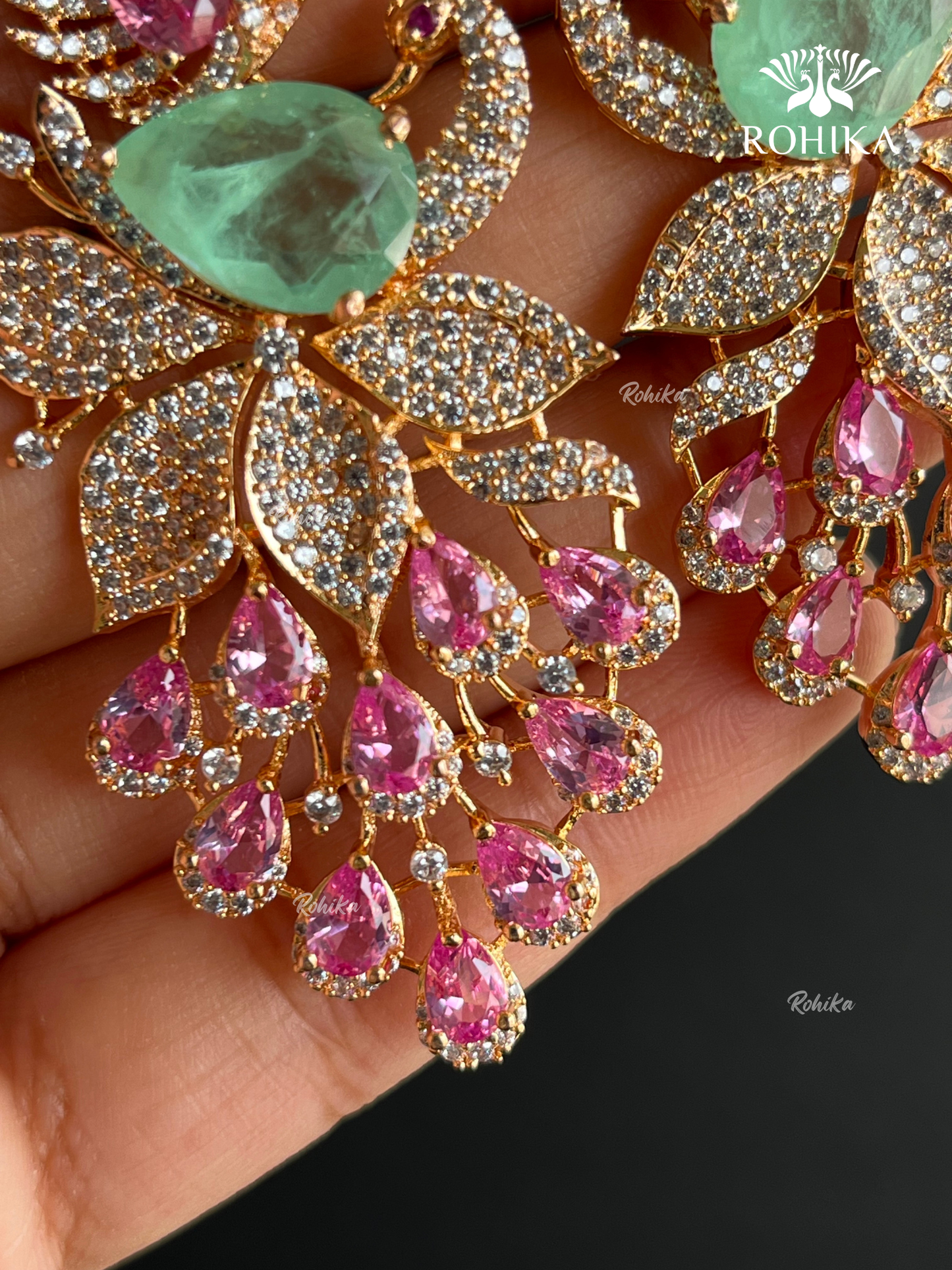 Akruti American Diamond  Earrings - Mint Green And Pink