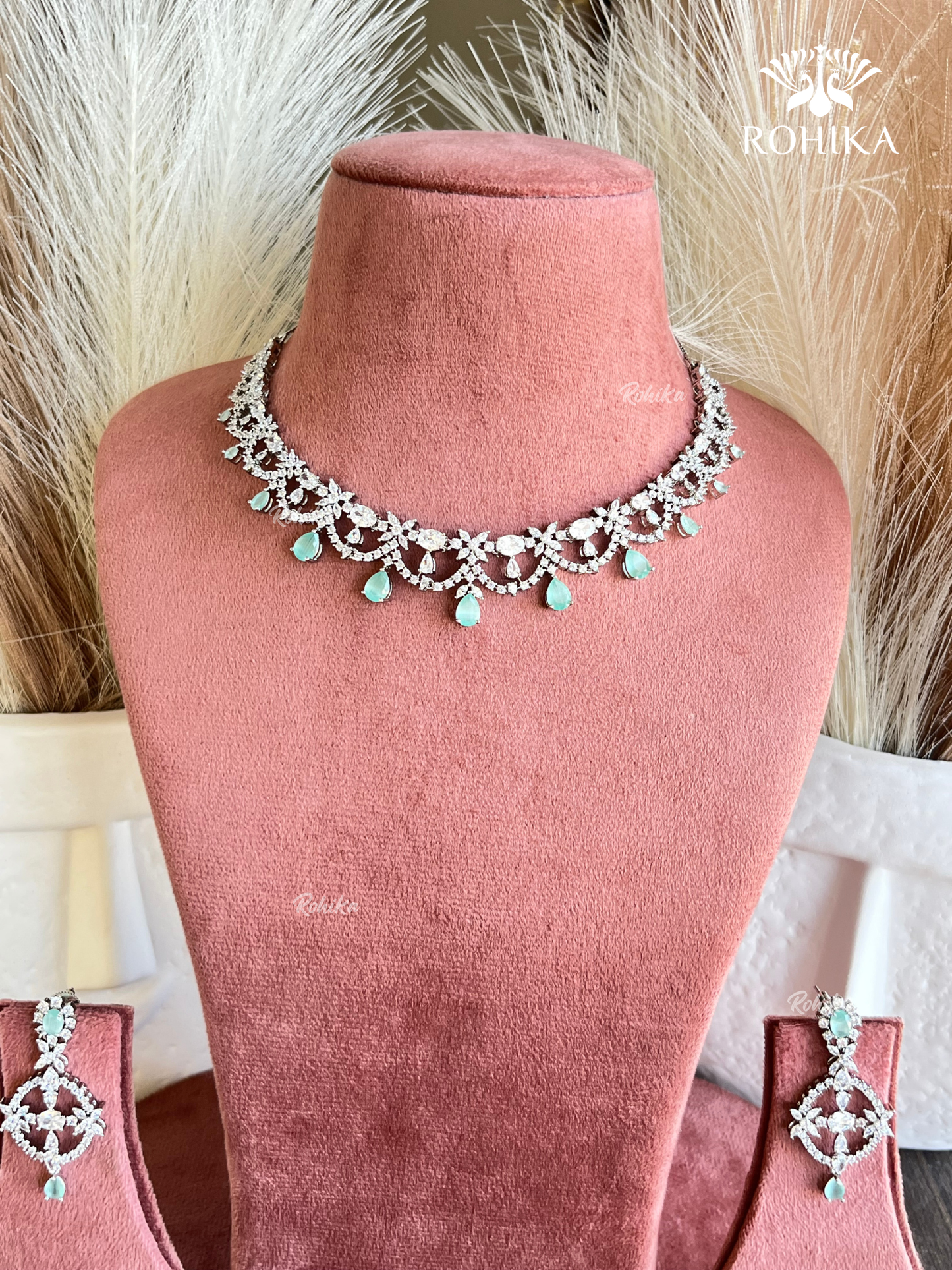 Hinaya American diamond necklace set - Mint green