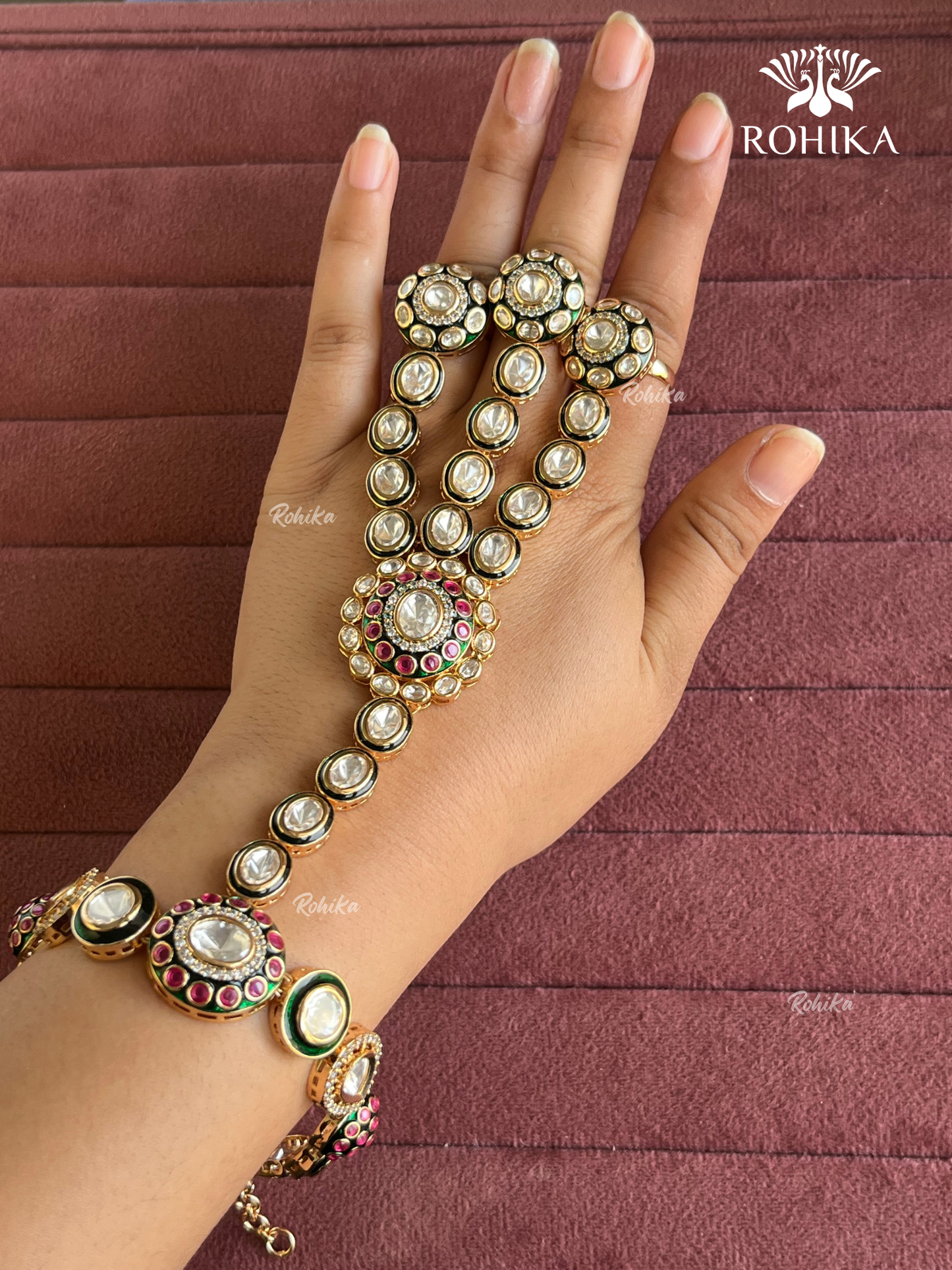 Bikaneri kundan haathphool (HP022) - Green and Ruby Red