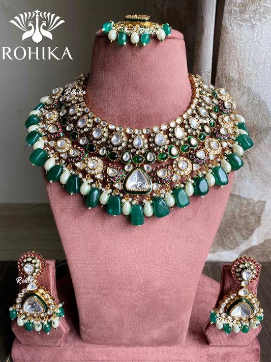 Tapasya polki kundan bridal necklace set - Dark Green