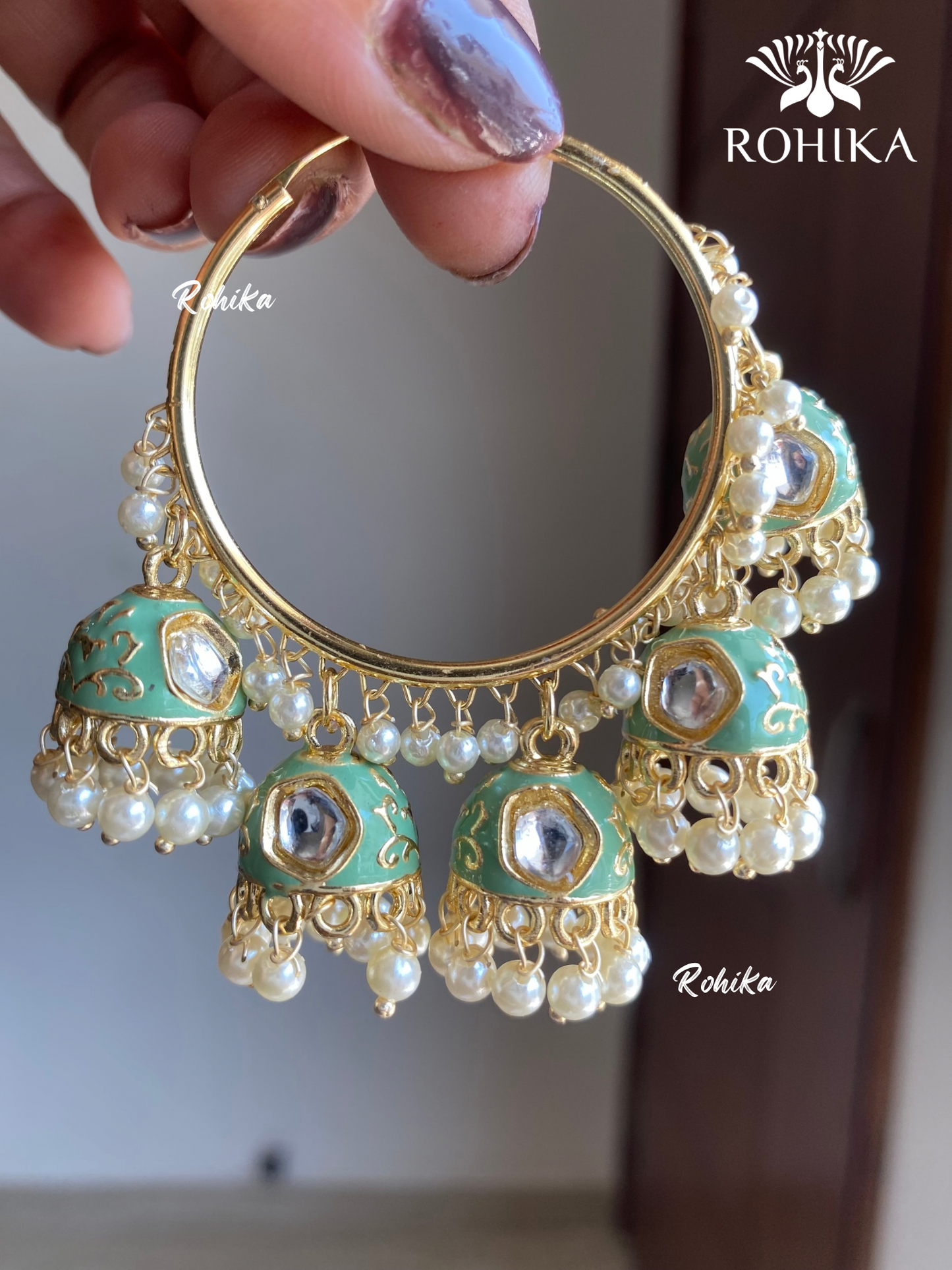 Neena meenakari jhumki bali earrings - Mint green