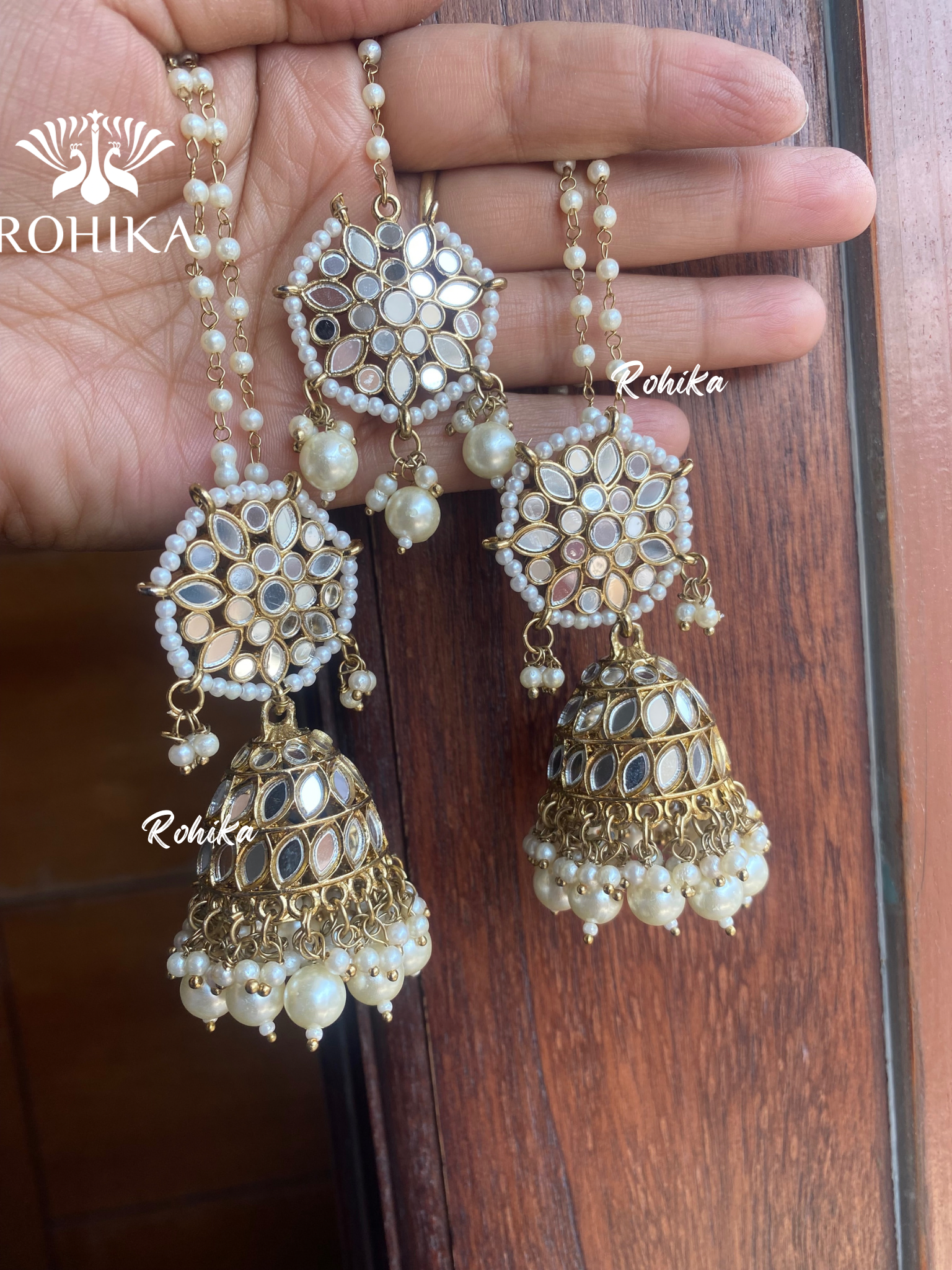 Chamki mirror earrings tikka combo - White