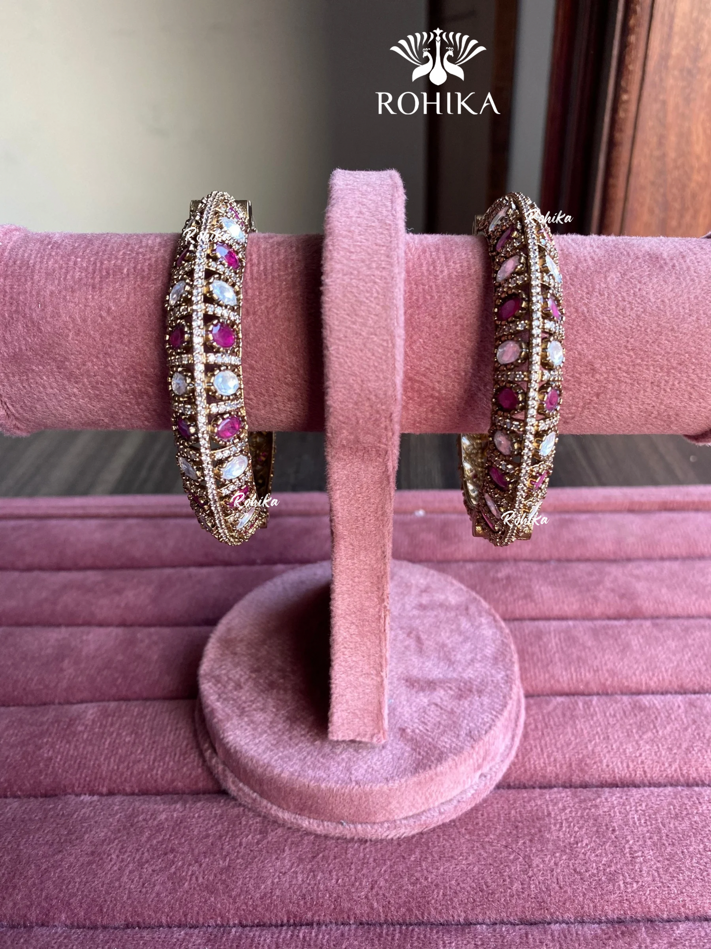 Pushp moisinite kundan kada/bangles - Pink