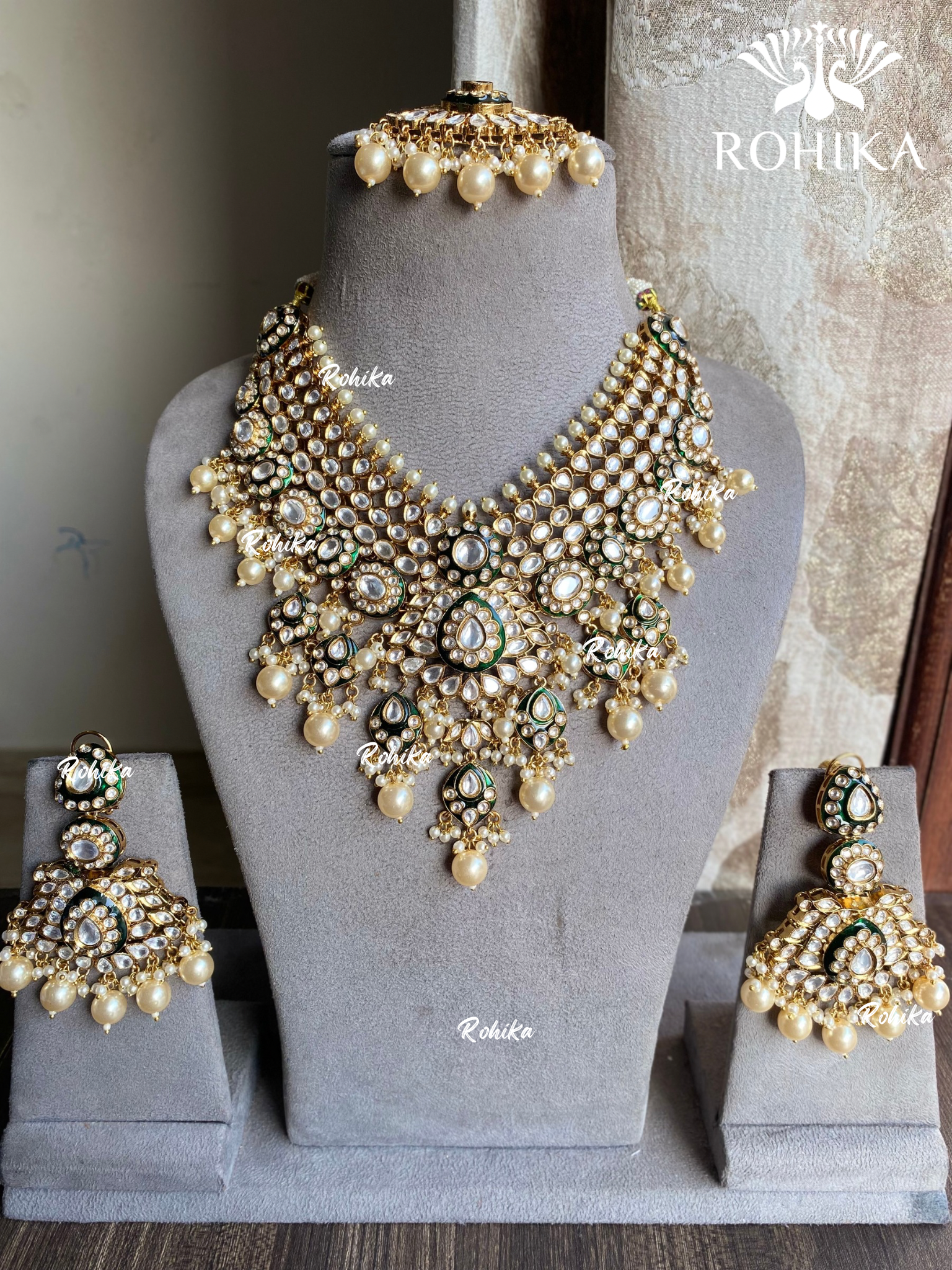 Angira bikaneri polki kundan necklace set - Dark Green