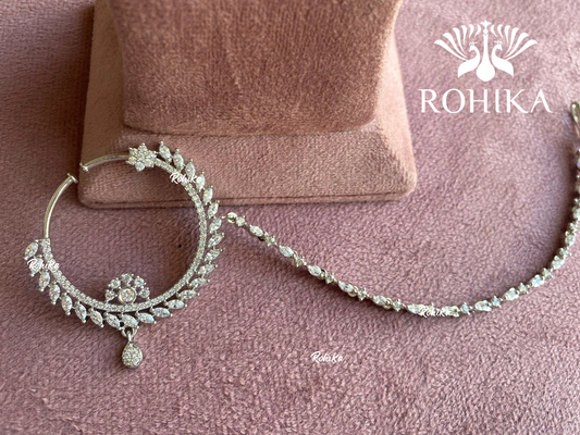 Pari silver stone Nath - 006 (with chain) - Silver polish - Rohika store 