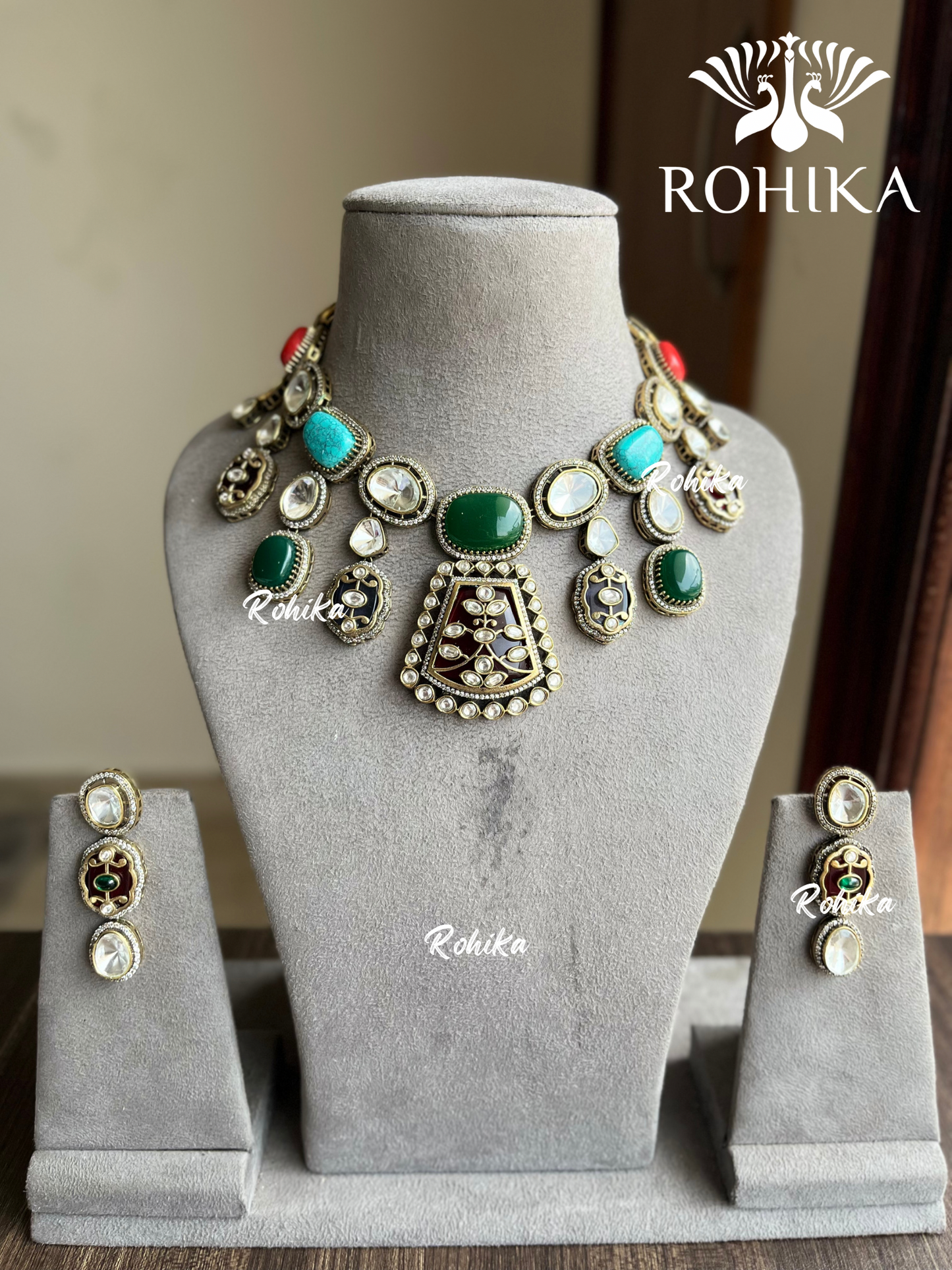 Nav polki kundan necklace set - Multi colour /Navratna