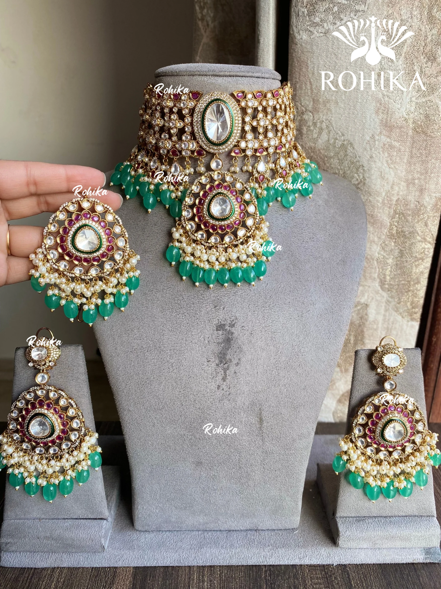 Mriga polki kundan choker set - Mint Green