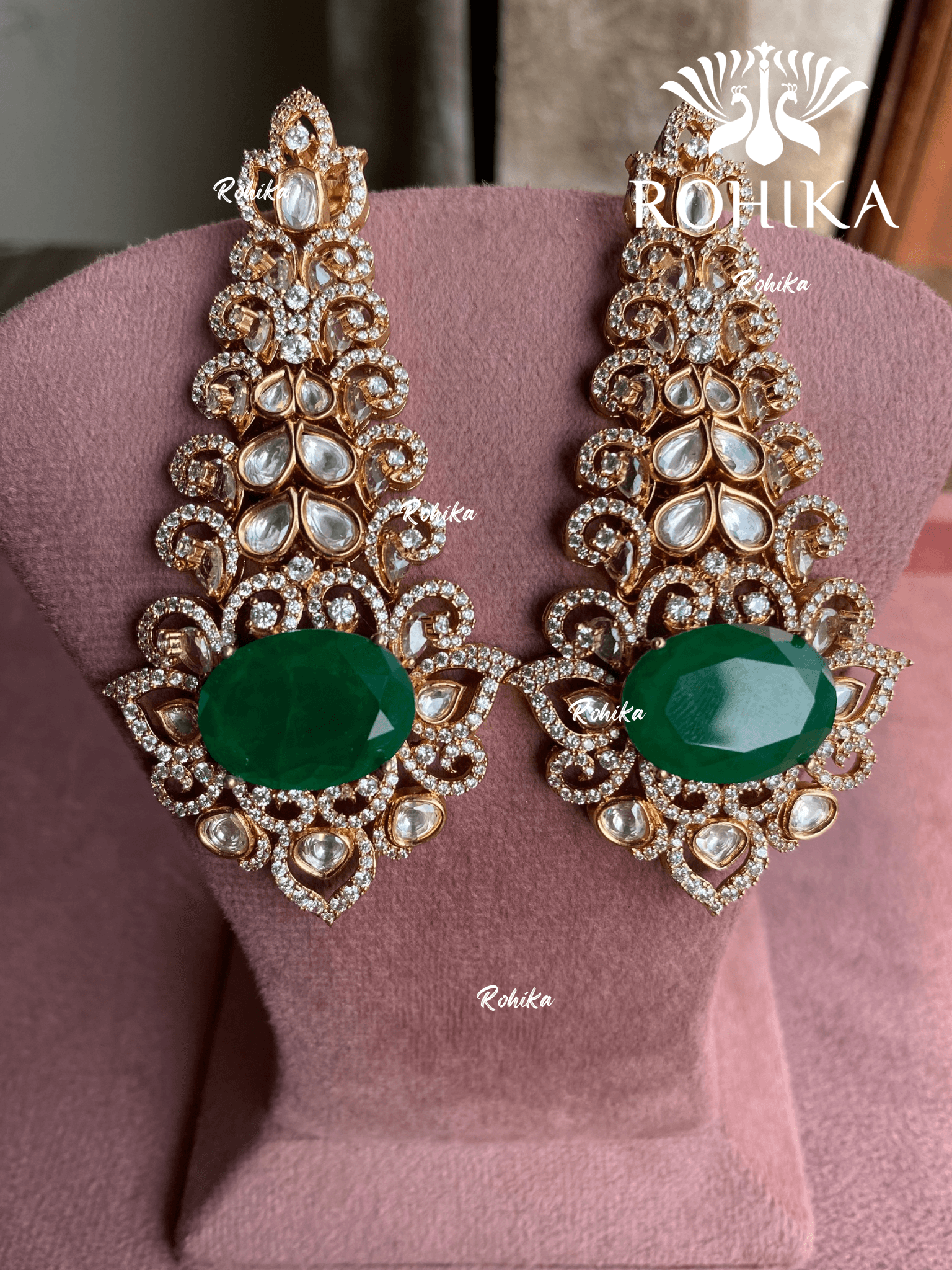 Chandrika polki kundan earrings - Green - Rohika Store