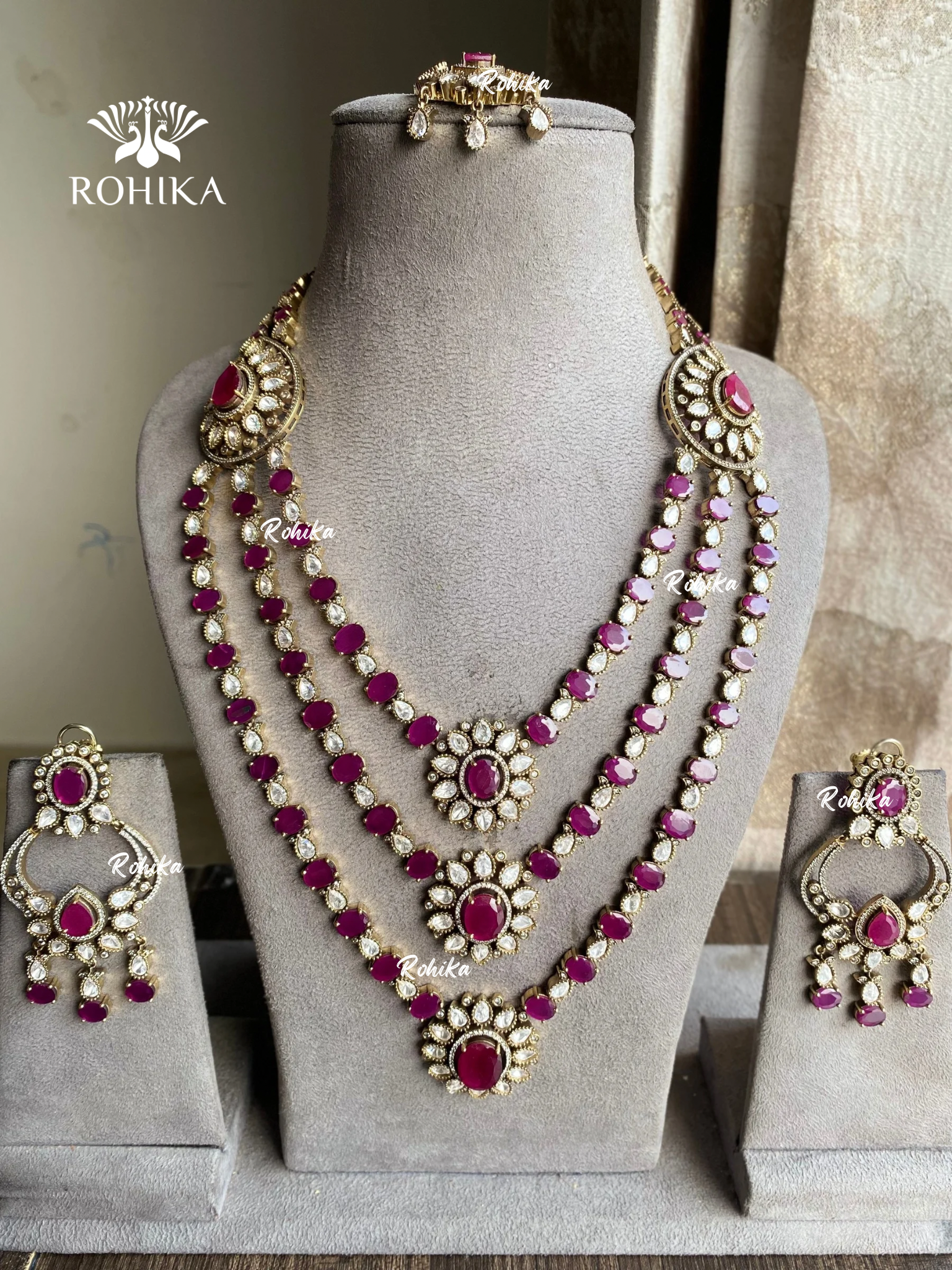 Ekatra moisanite long necklace set - Megenta pink