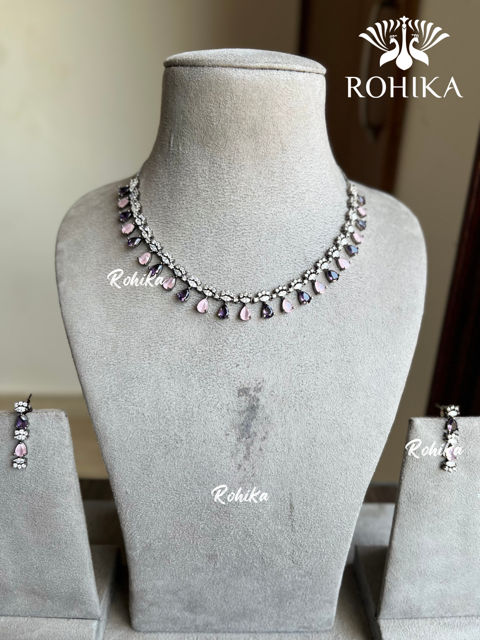 Ria American diamond necklace set - Pink and purple