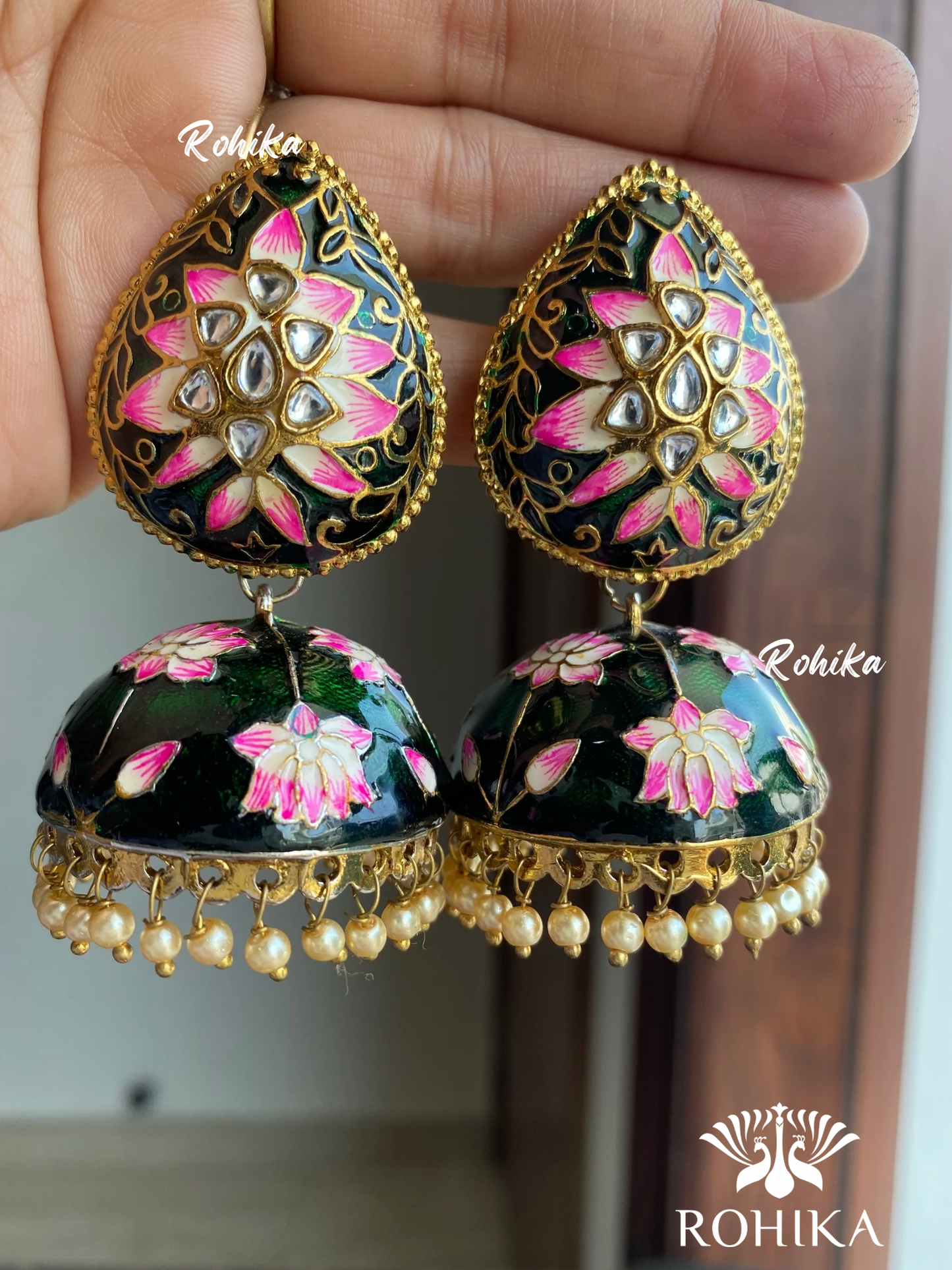 Kamal jhumka earrings - Dark Green