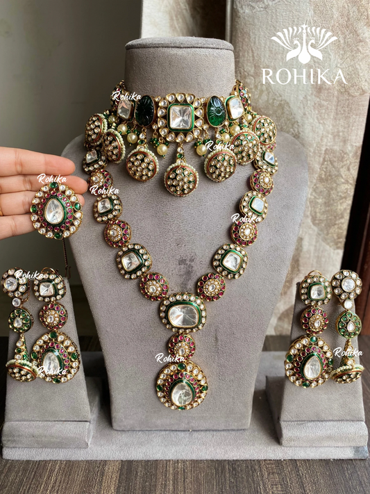 Piyani bikaneri polki kundan bridal combo set - Green