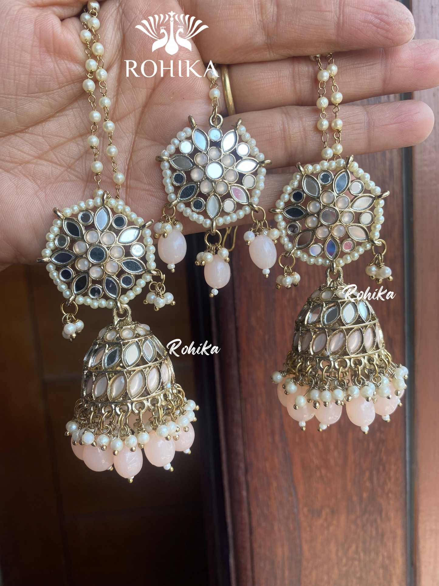 Chamki mirror earrings tikka combo - Peach