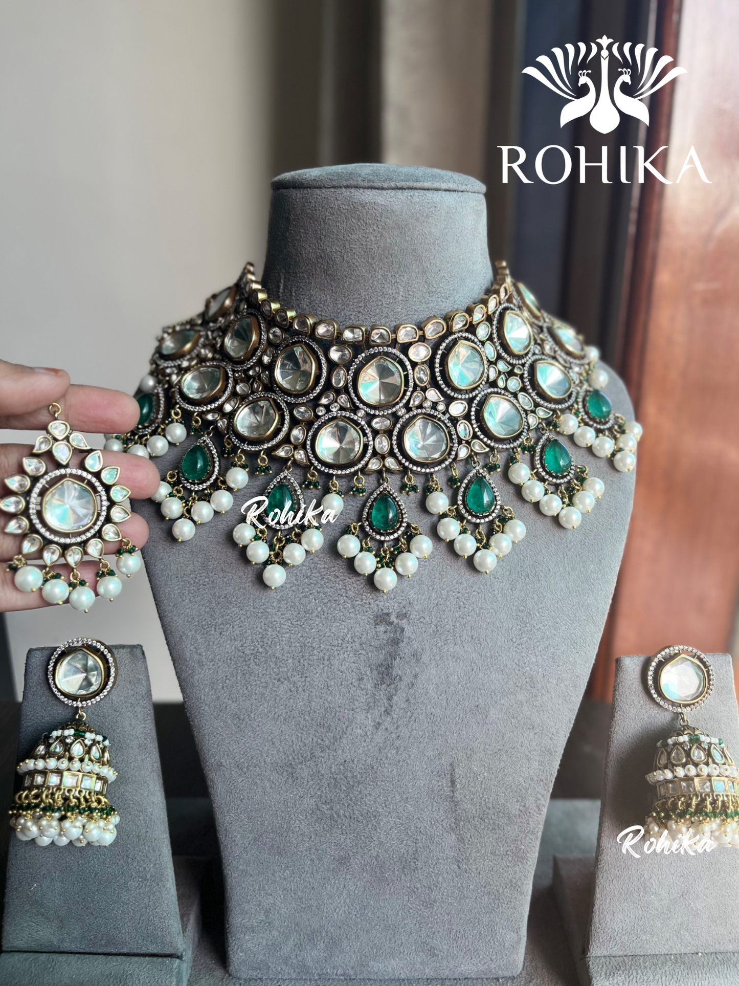 Katha polki kundan bridal set - Green