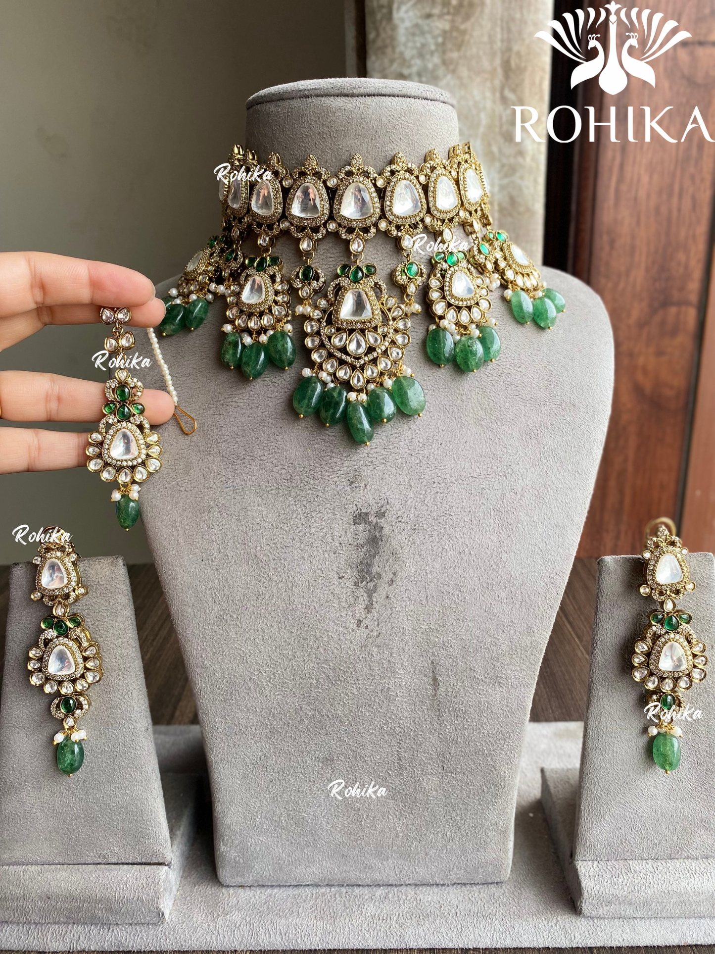 Visha bikaneri polki kundan necklace set - Dark green