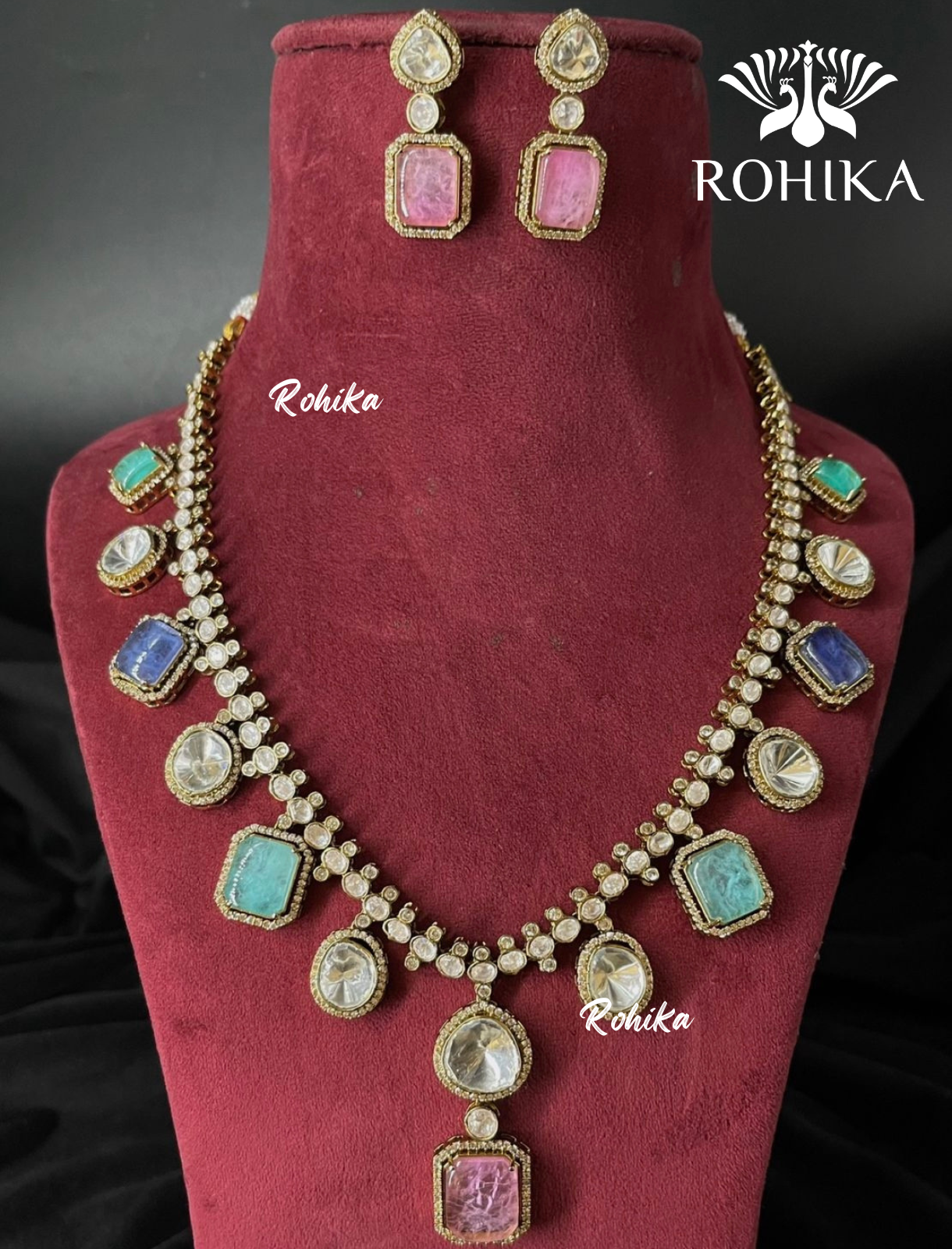 Kiya polki kundan necklace set - Mint, purple and pink