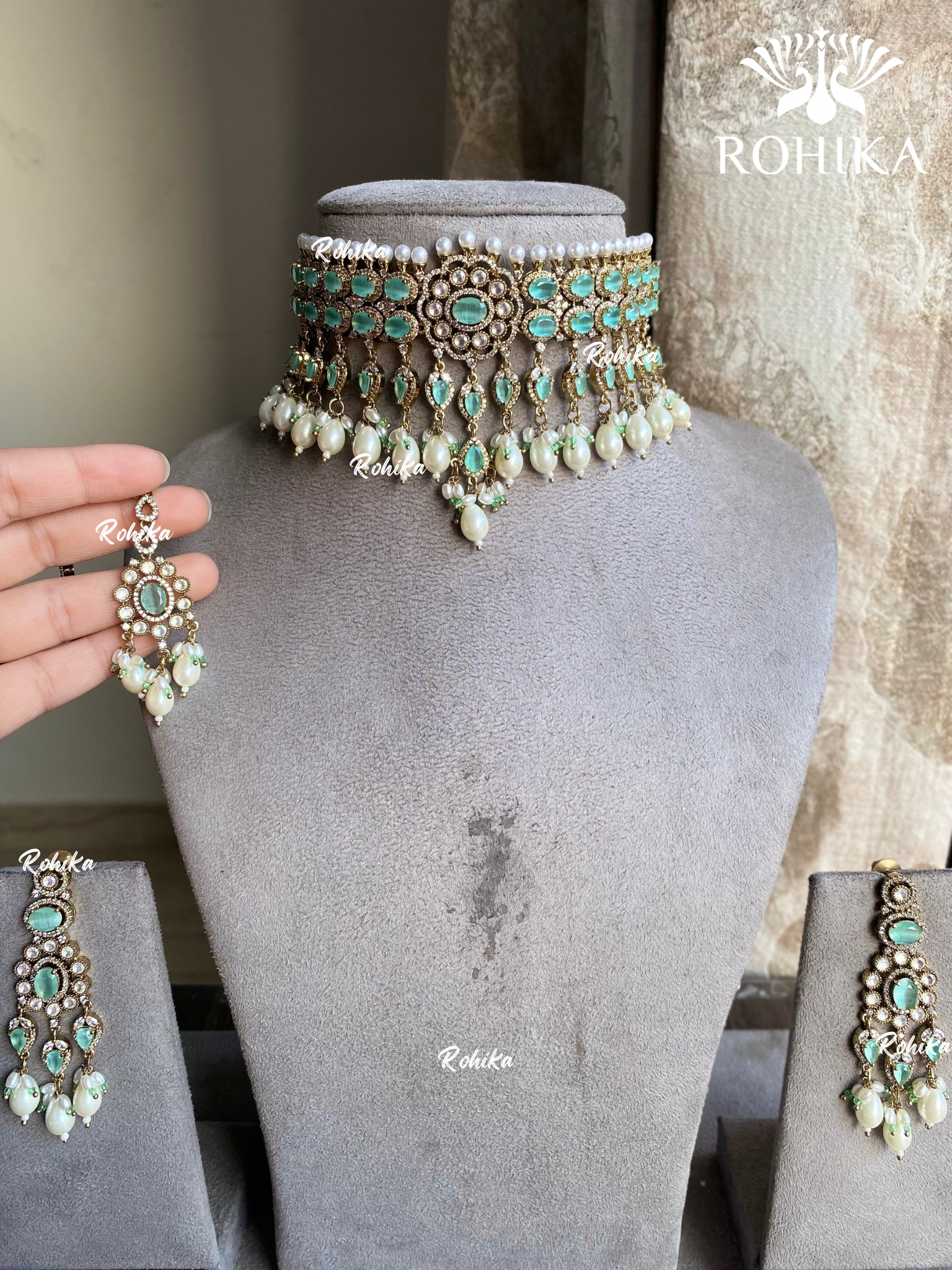 Surya kundan choker set - Mint green