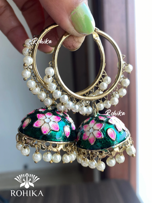 Phool jhumka bali earrings - Dark Green