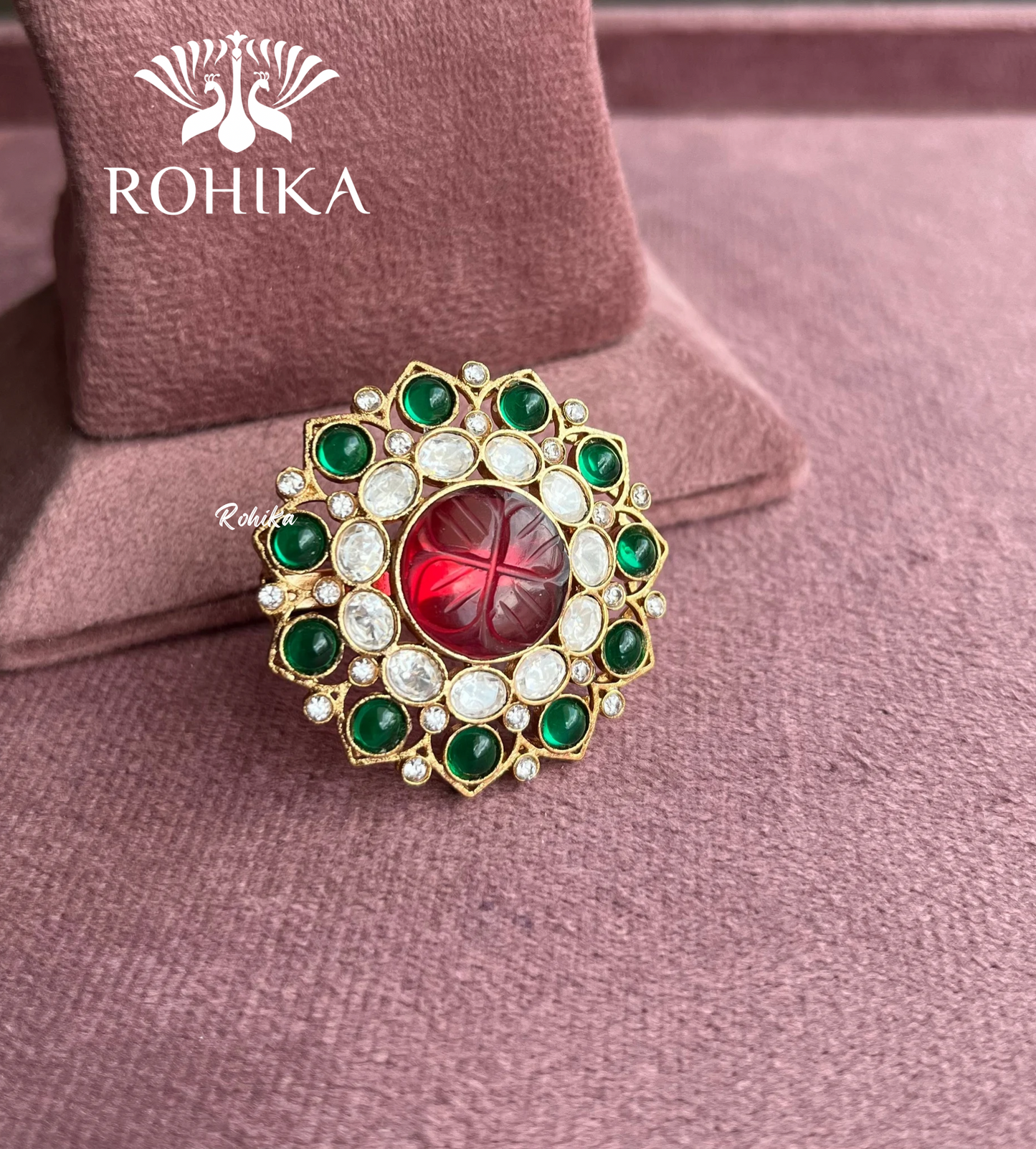 Angana polki kundan ring  (SG-008) - Red and dark green