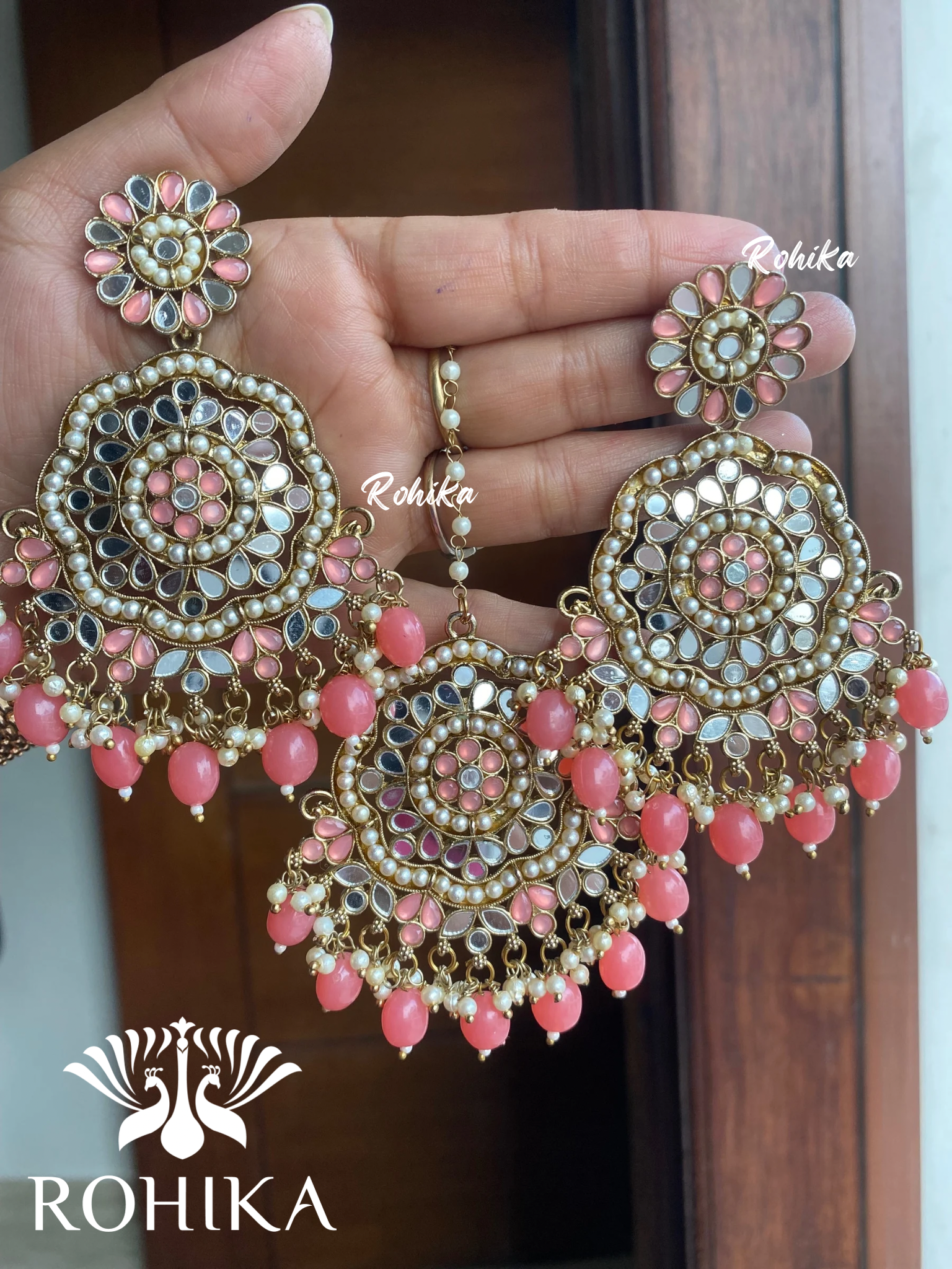 Rashi mirror earrings tikka combo - Pink