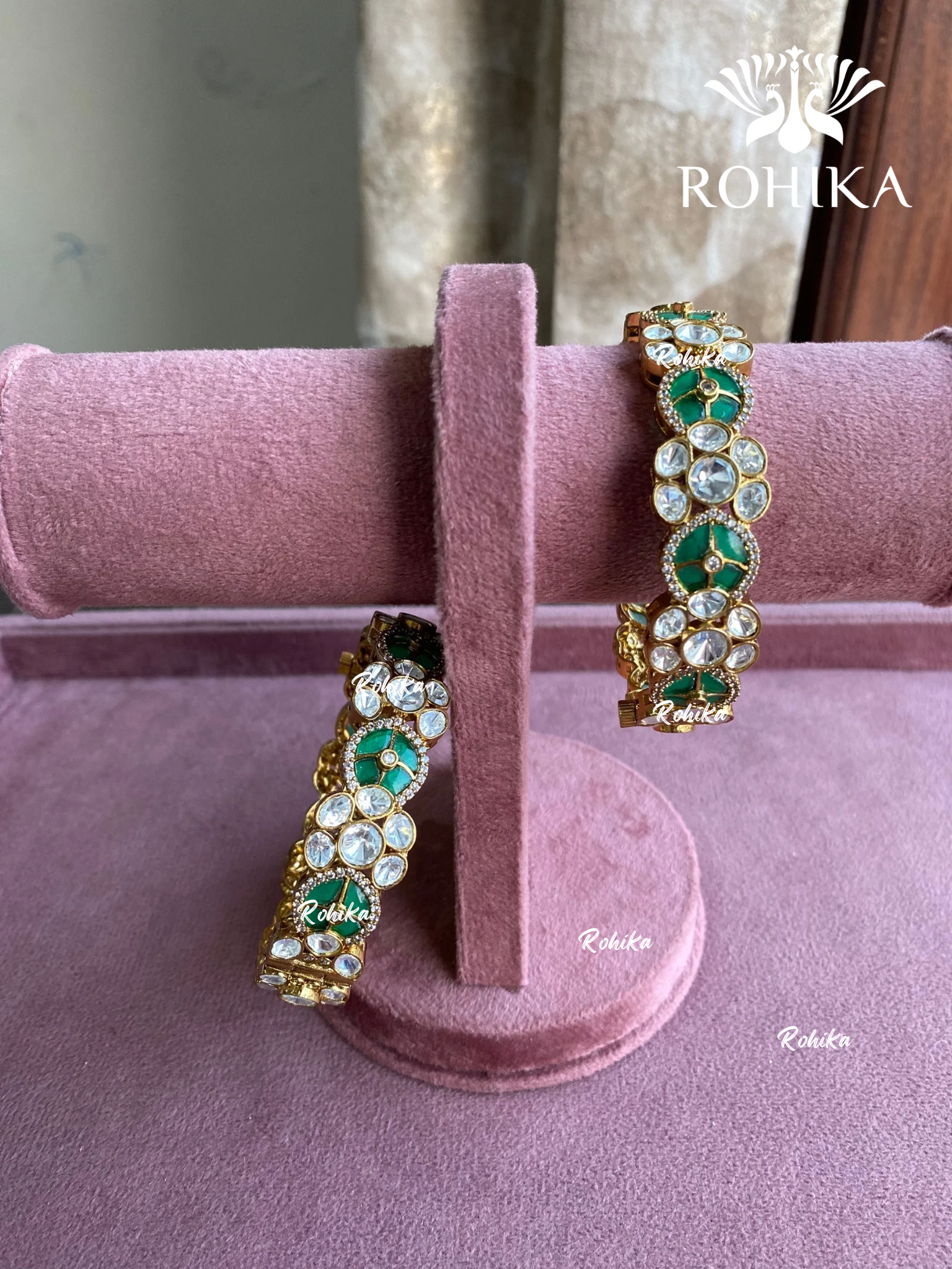 Karuna polki kundan kada/bangles - Green