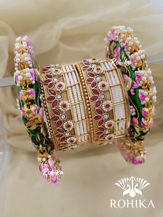 Jadau kundan bangle/Kada set - Green and pink (2003)
