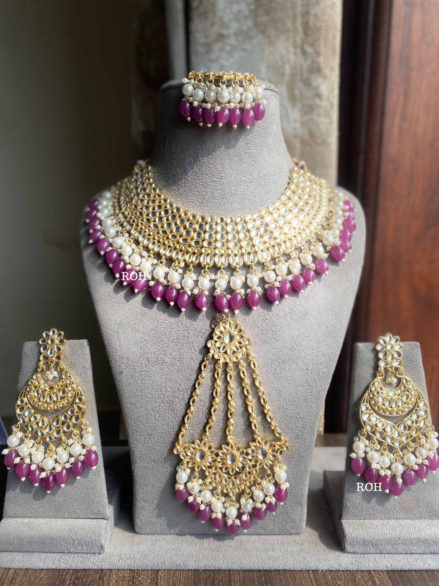 Kali dabi Kundan semi-bridal necklace set - Onion pink