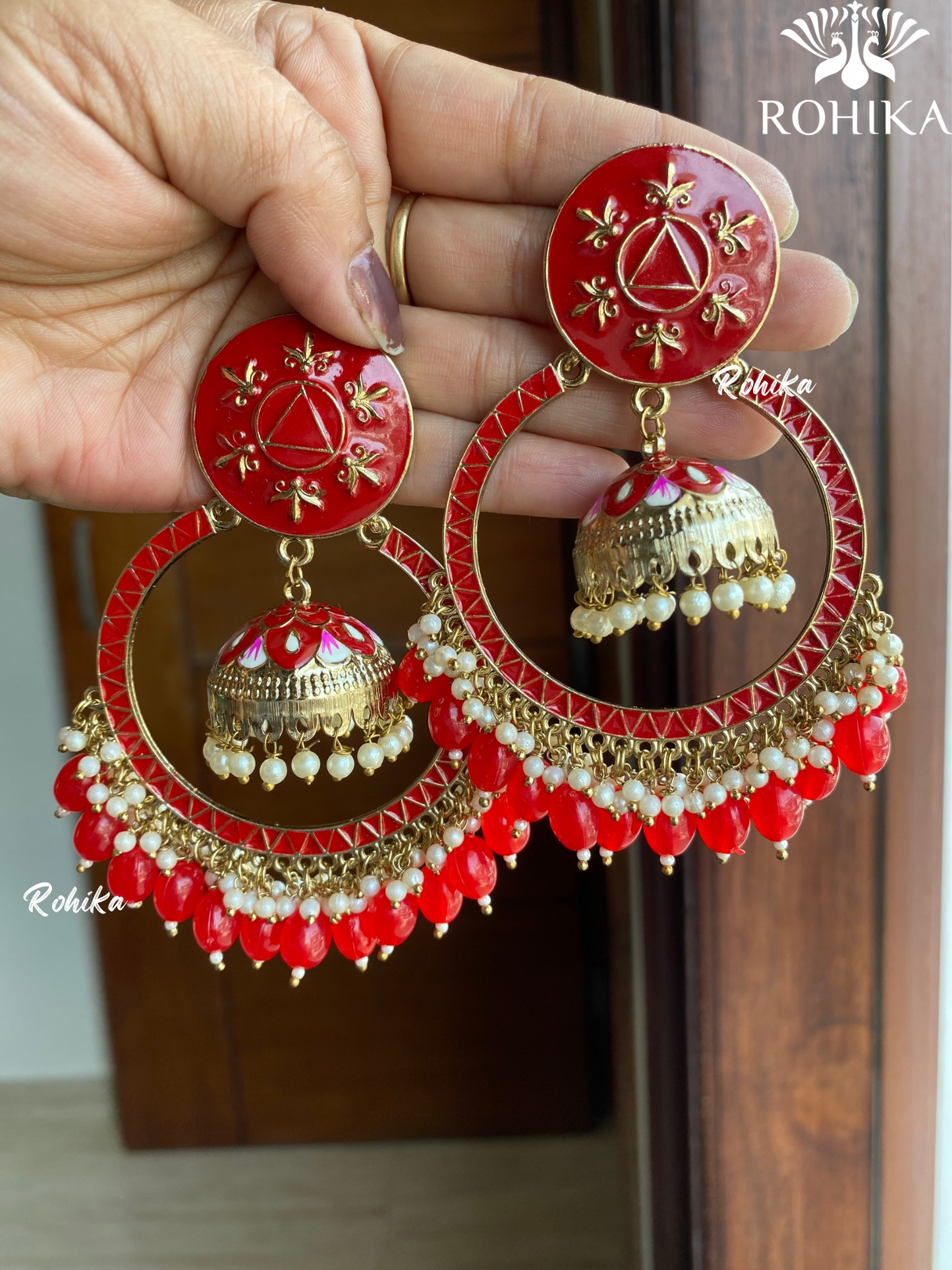 Sonal meenakari chandbali earrings- Red