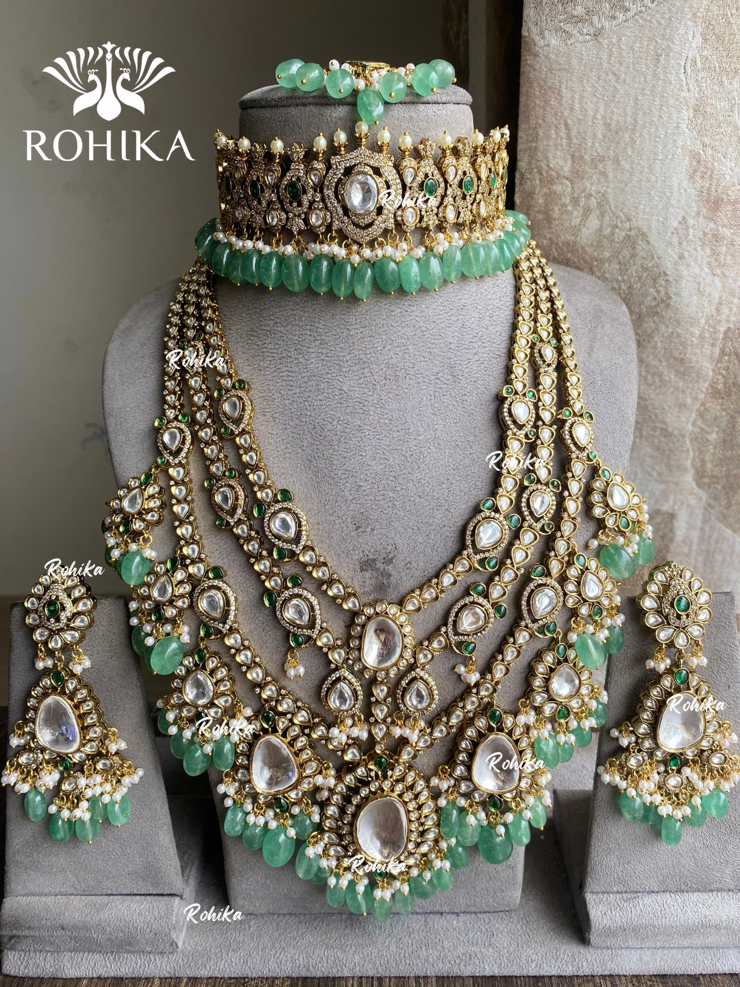 Saanjh polki kundan bridal combo set - Mint green