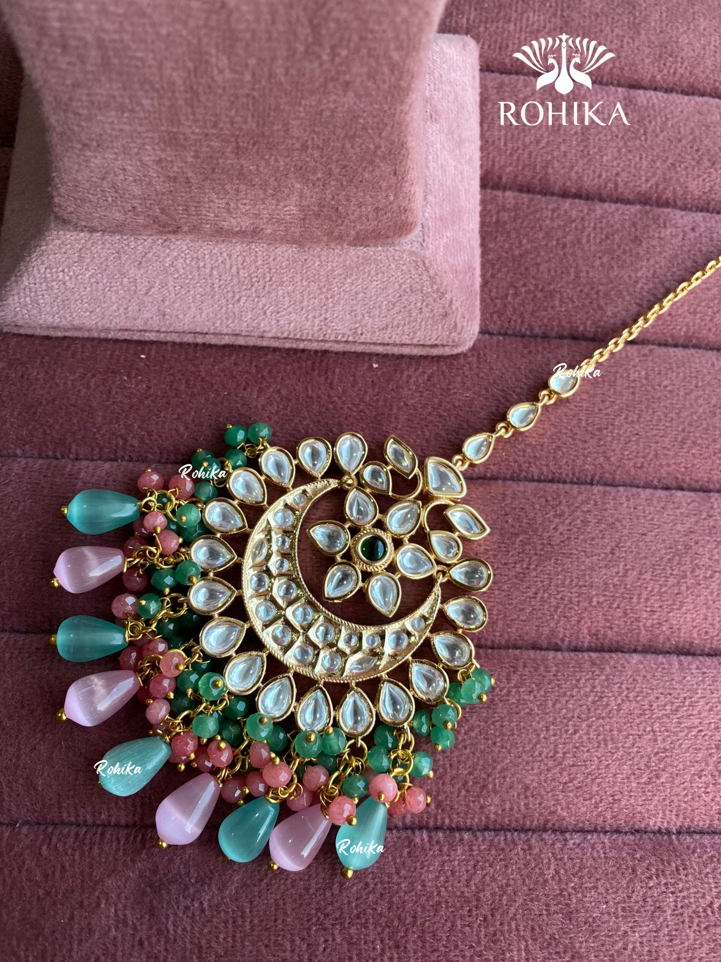 Polki kundan maangtikka (PLKM-041) - pink & mint green