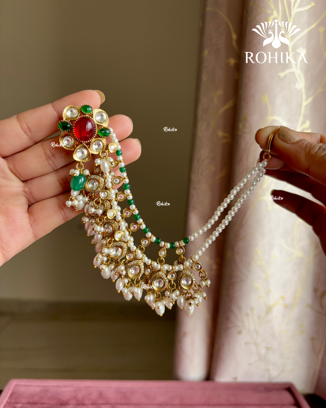 Aliya polki kundan earrings with earchains(EE-008)-  Red - Rohika store - Rohikastore.com