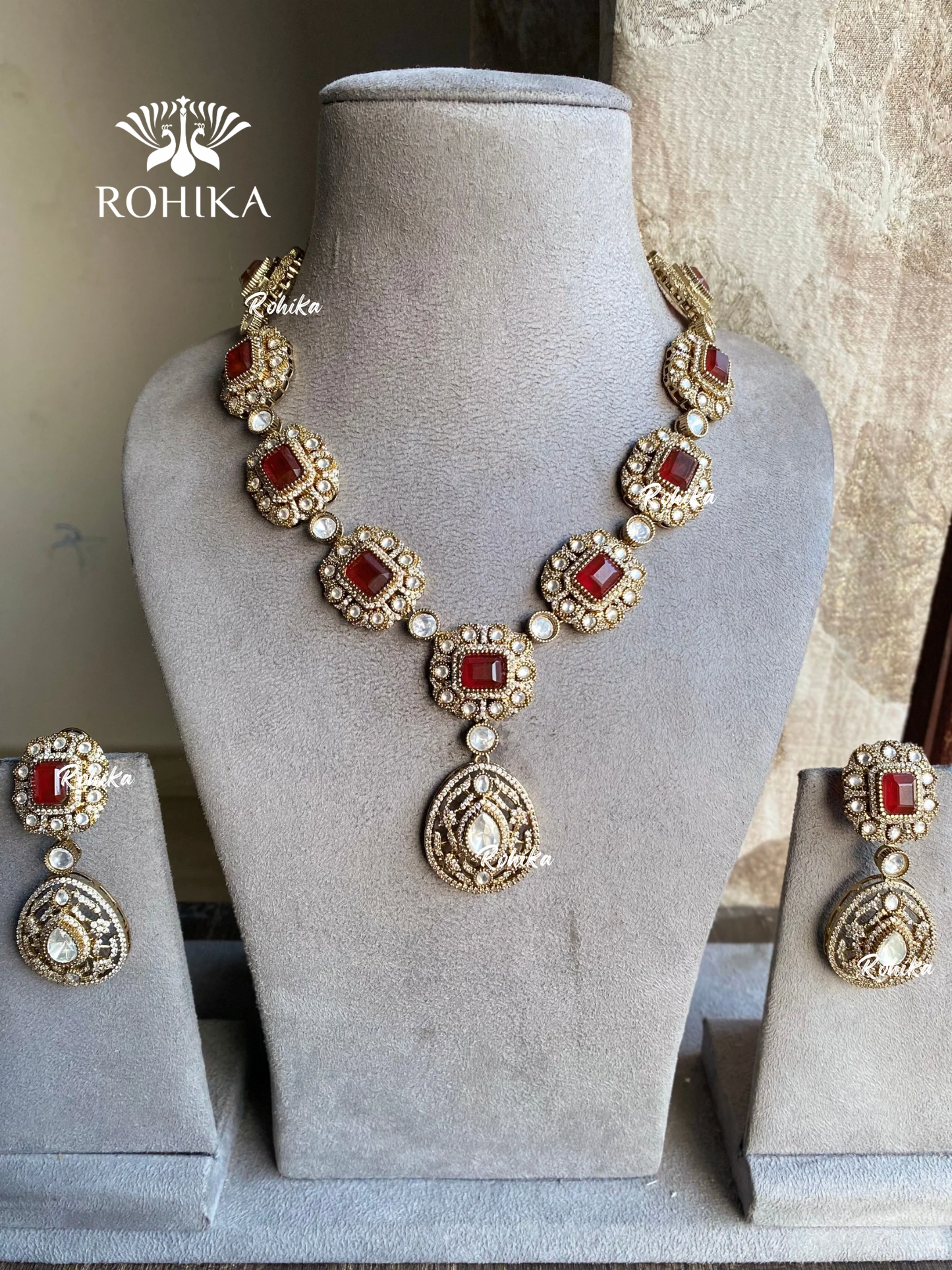 Ashar moisanite & doublet necklace set - Red