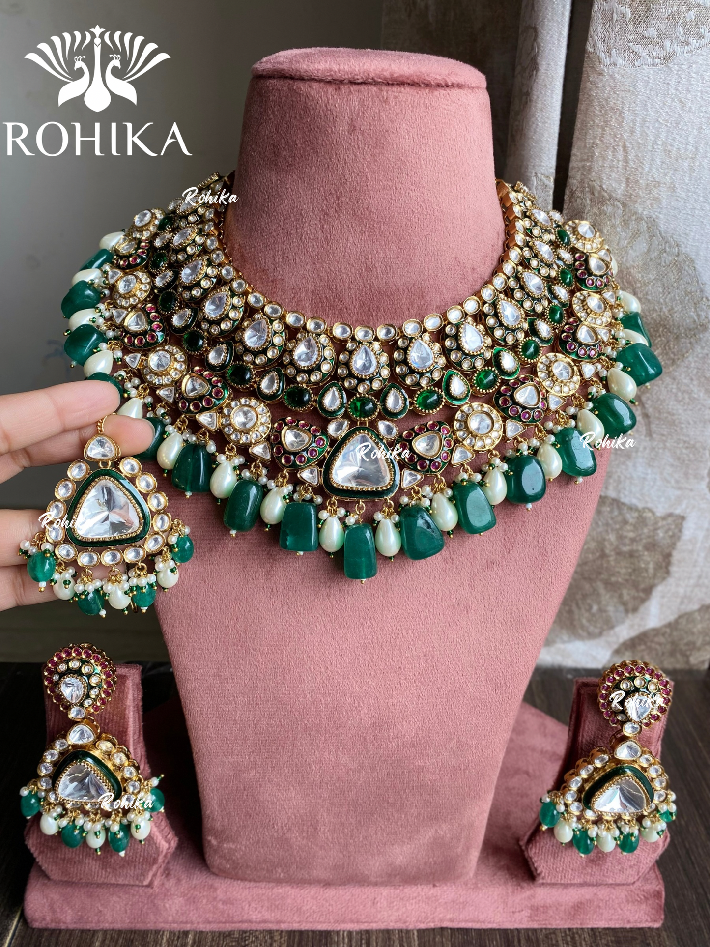 Tapasya polki kundan bridal necklace set - Dark Green