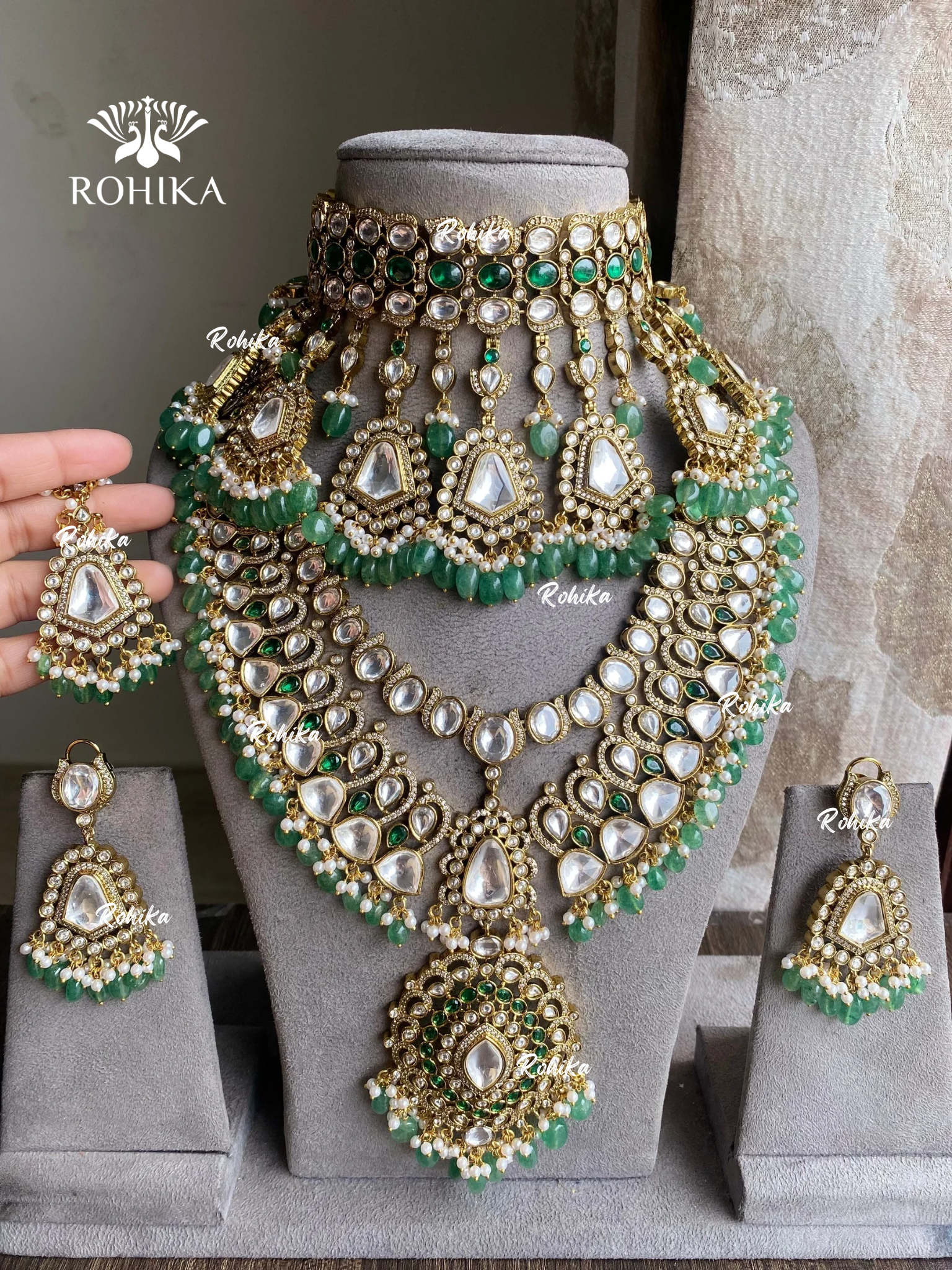 Sehra polki kundan bridal combo set - Mint green