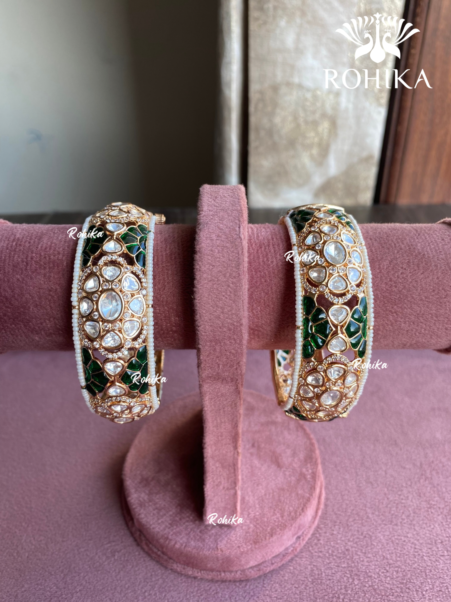 Leela moisanite polki kundan kada/bangles - Green