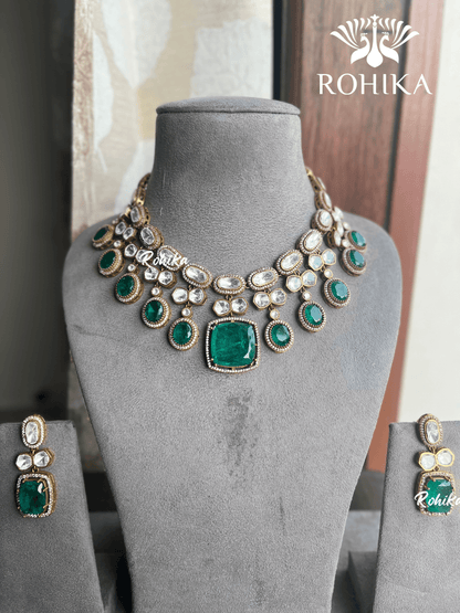 Saras doublet kundan necklace set - Dark green - Rohika Store