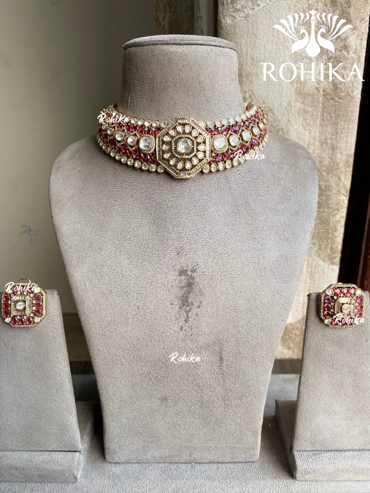 Deep polki kundan choker set - Red