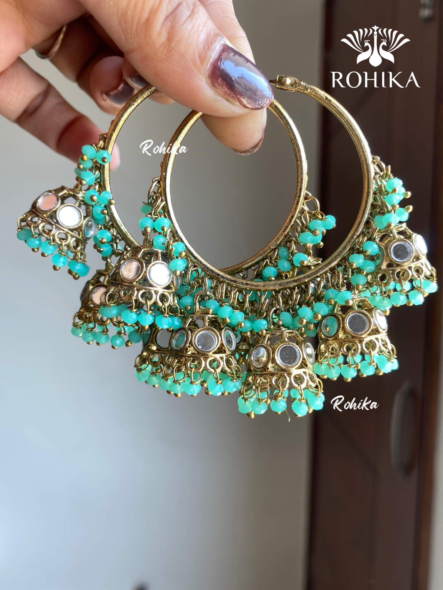 Leena mirror jhumki bali earrings - Mint Green