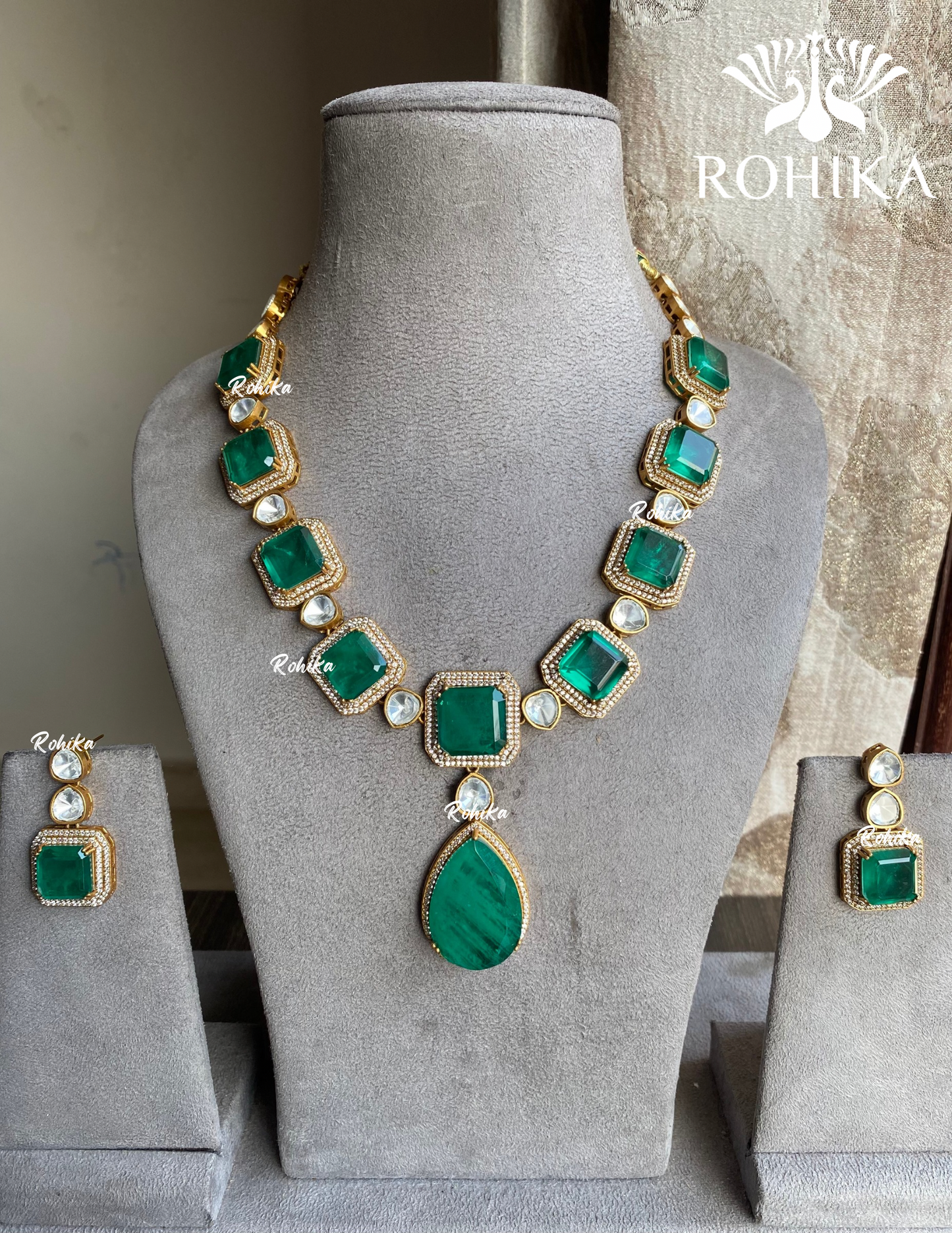 Surbi doublet kundan necklace set - Dark Green