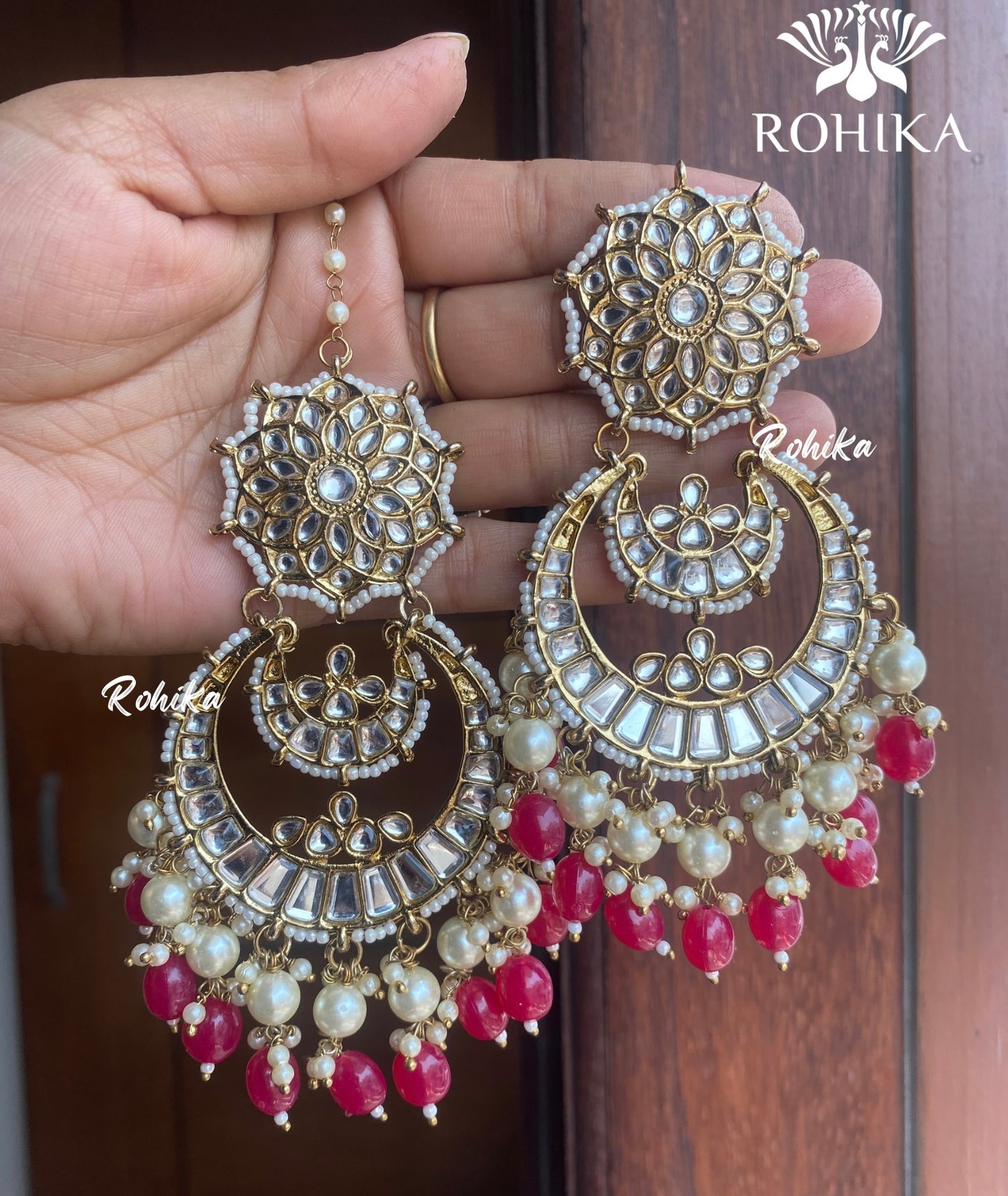 Paakhi earrings and maangtikka combo - Meganta pink