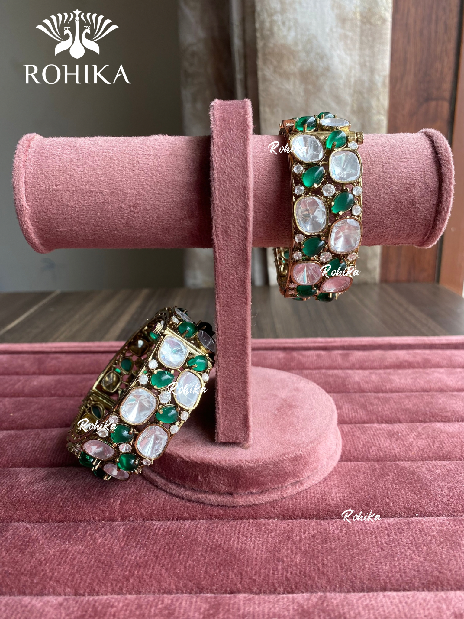 Prithi moisinite kundan kada/bangles - Dark Green