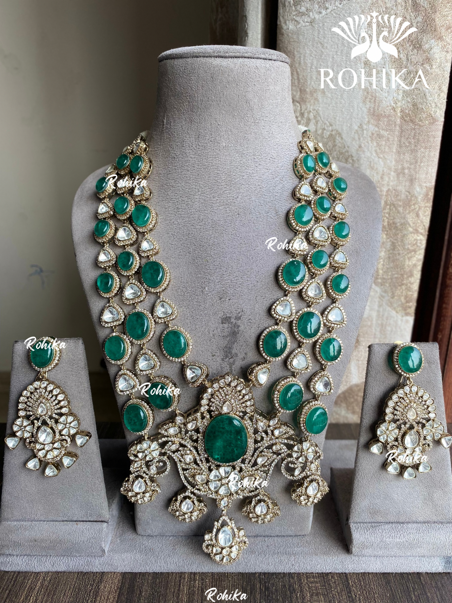 Sakhi moisanite long necklace set -  Dark Green