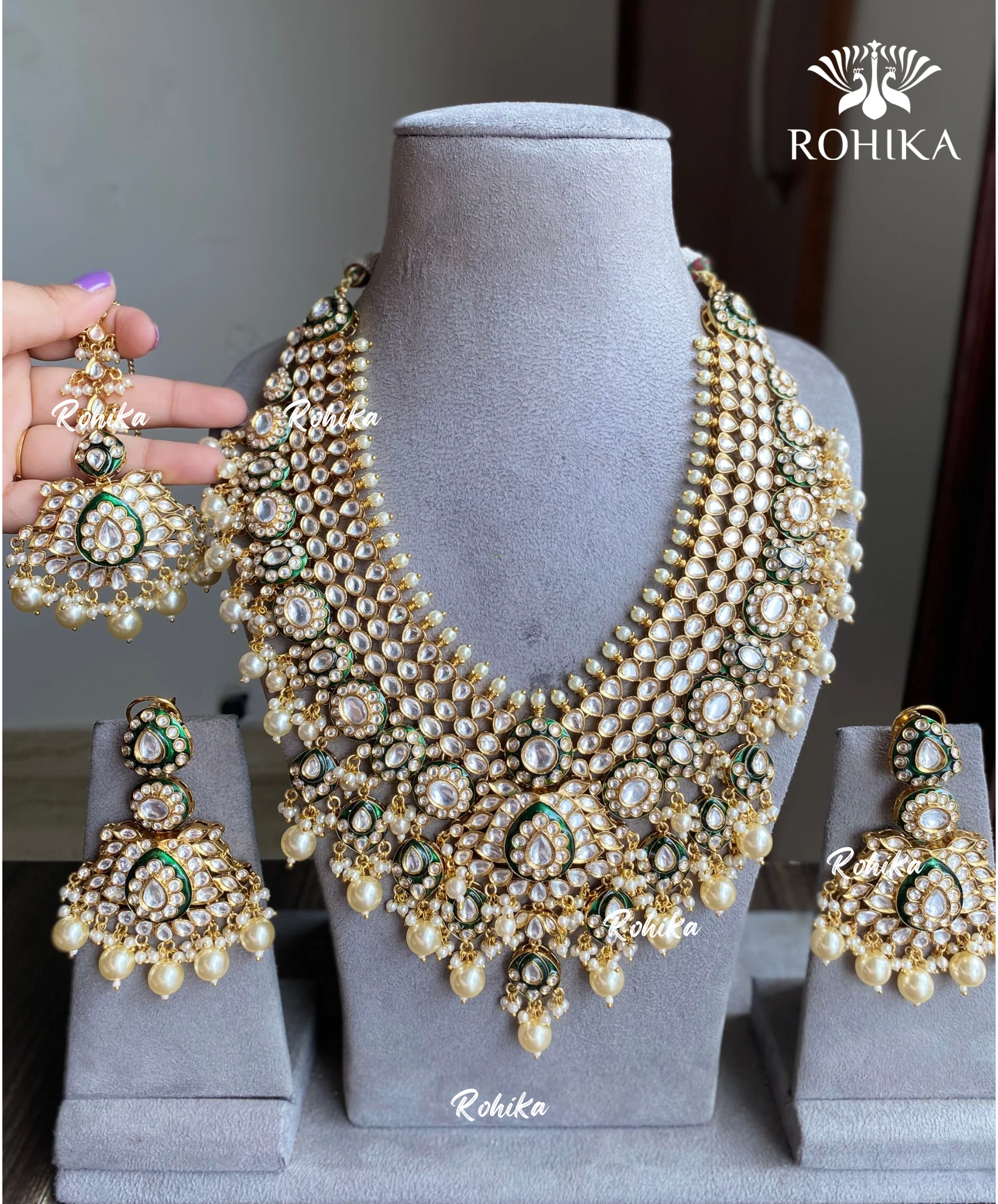 Aangan bikaneri polki kundan long necklace set - Dark Green