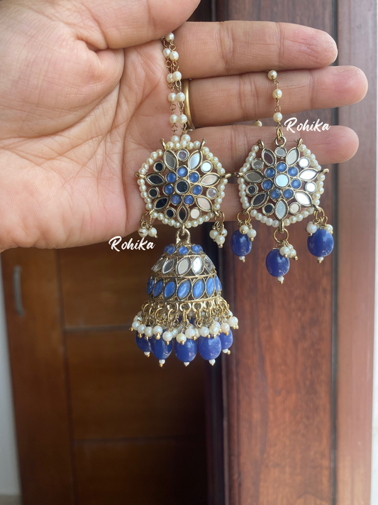 Chamki mirror jhumka earrings tikka combo - Dark Blue