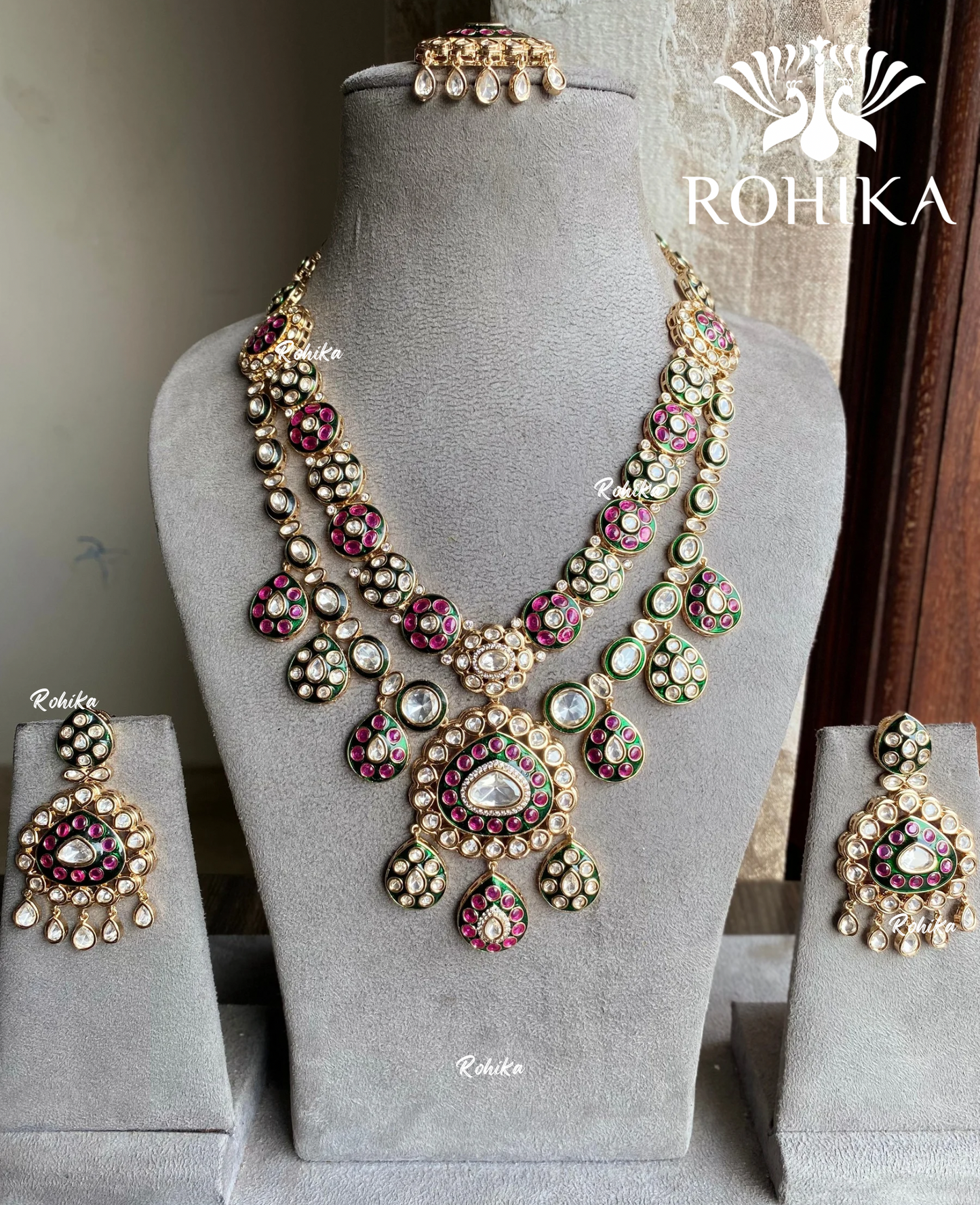 Tapasya moisanite polki necklace set - Green and Pink